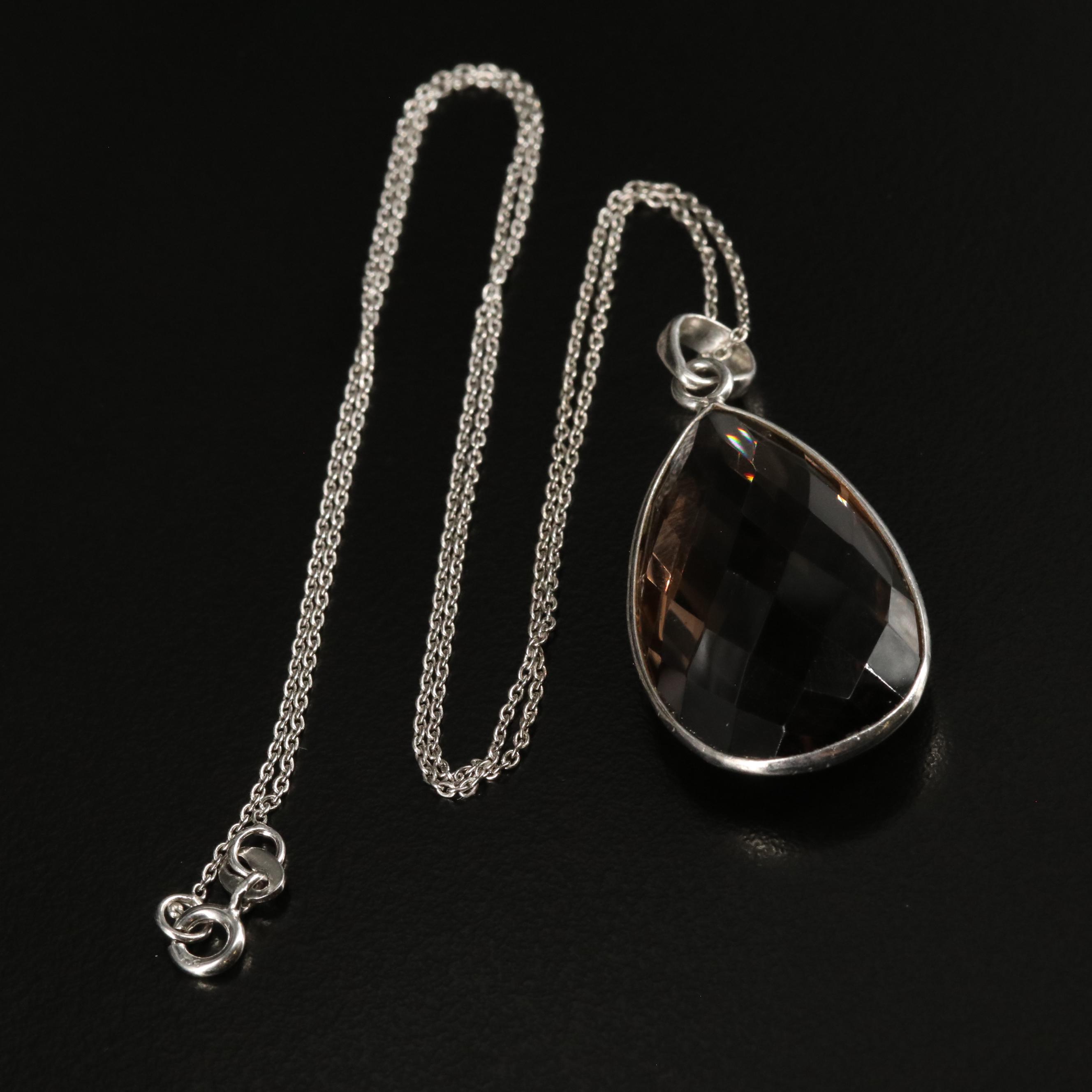 Sterling Smoky Quartz Teardrop Pendant Necklace