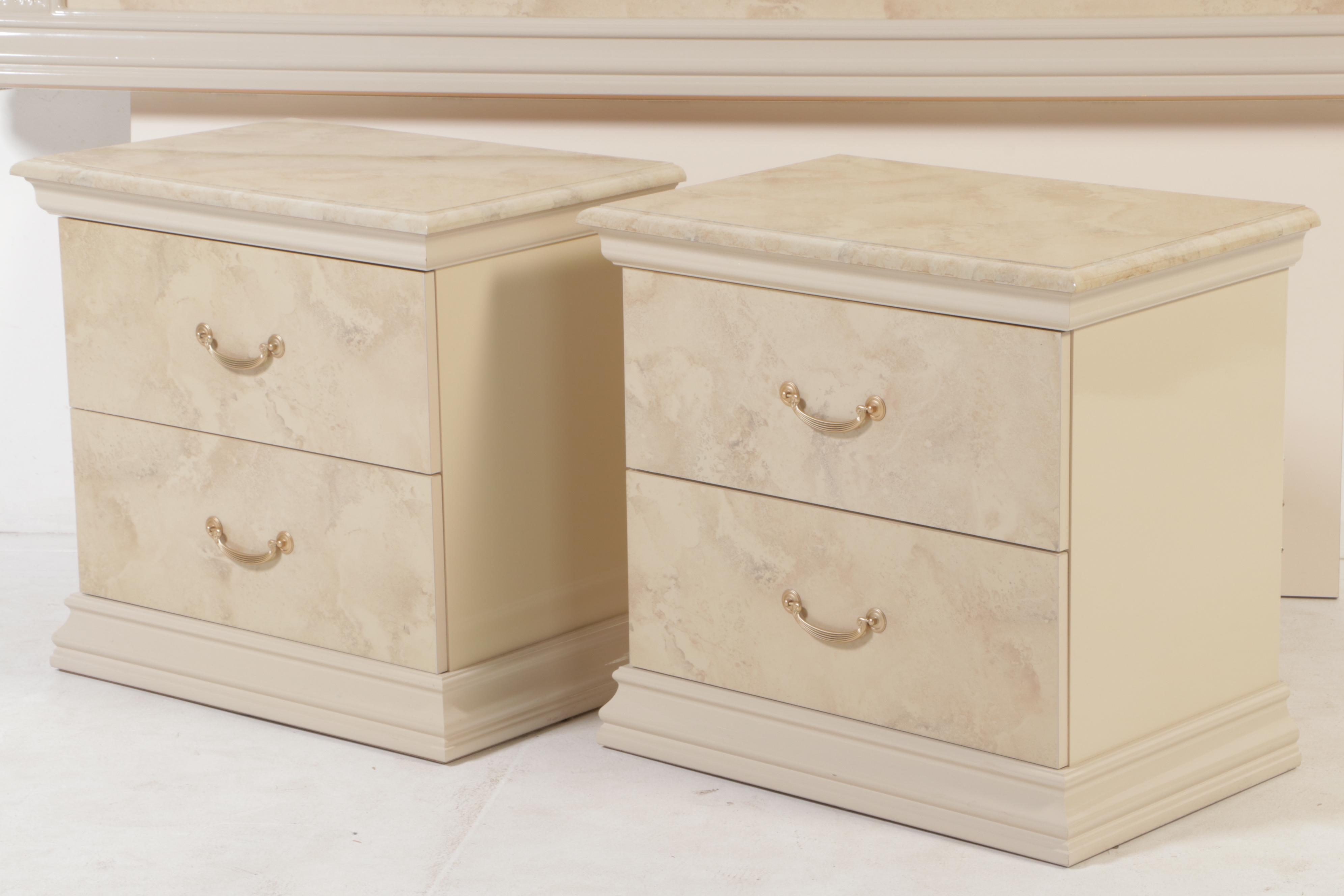 Two Italian Art Deco Style Marbleized Nightstands & Queen Headboard, c. 2000