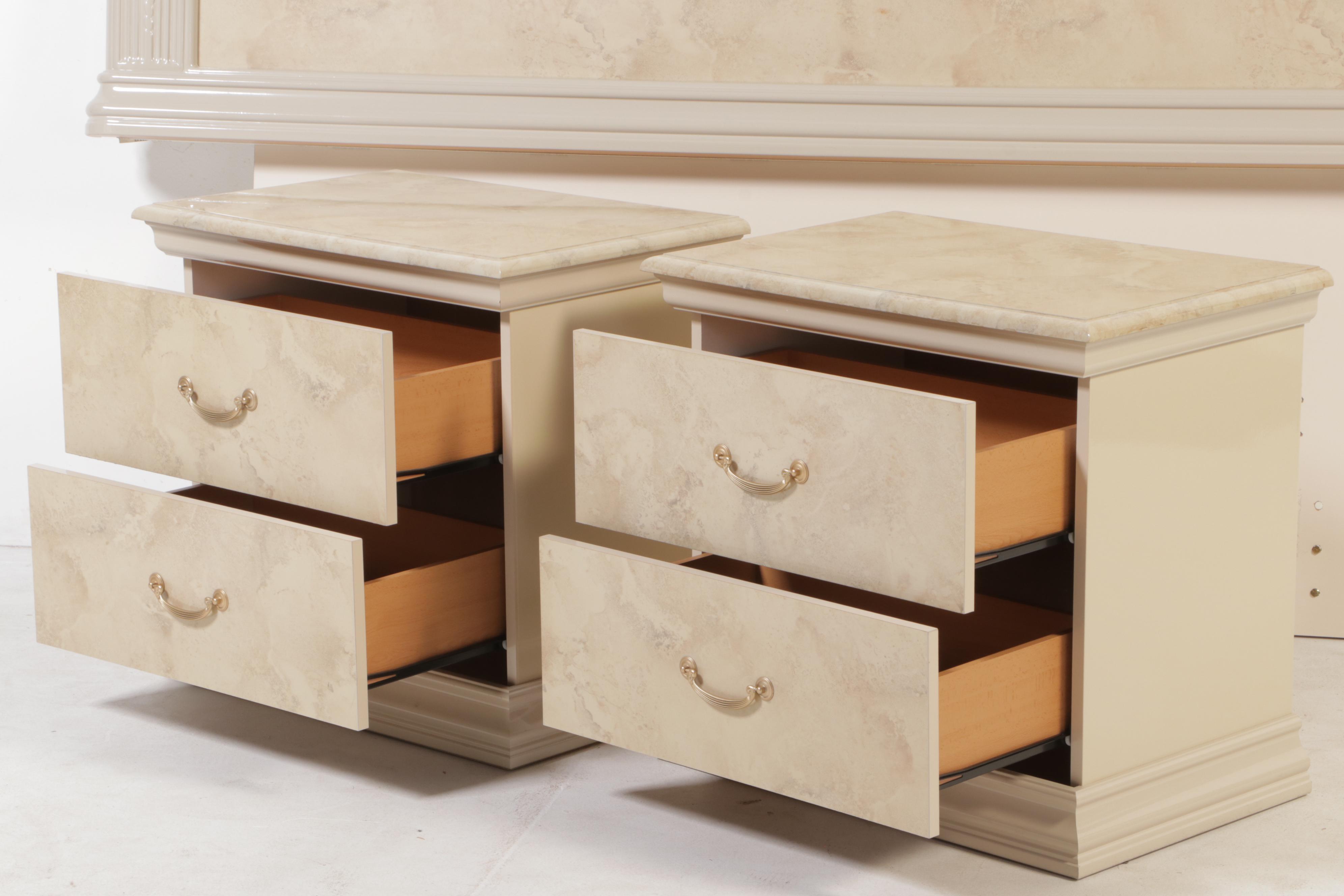 Two Italian Art Deco Style Marbleized Nightstands & Queen Headboard, c. 2000