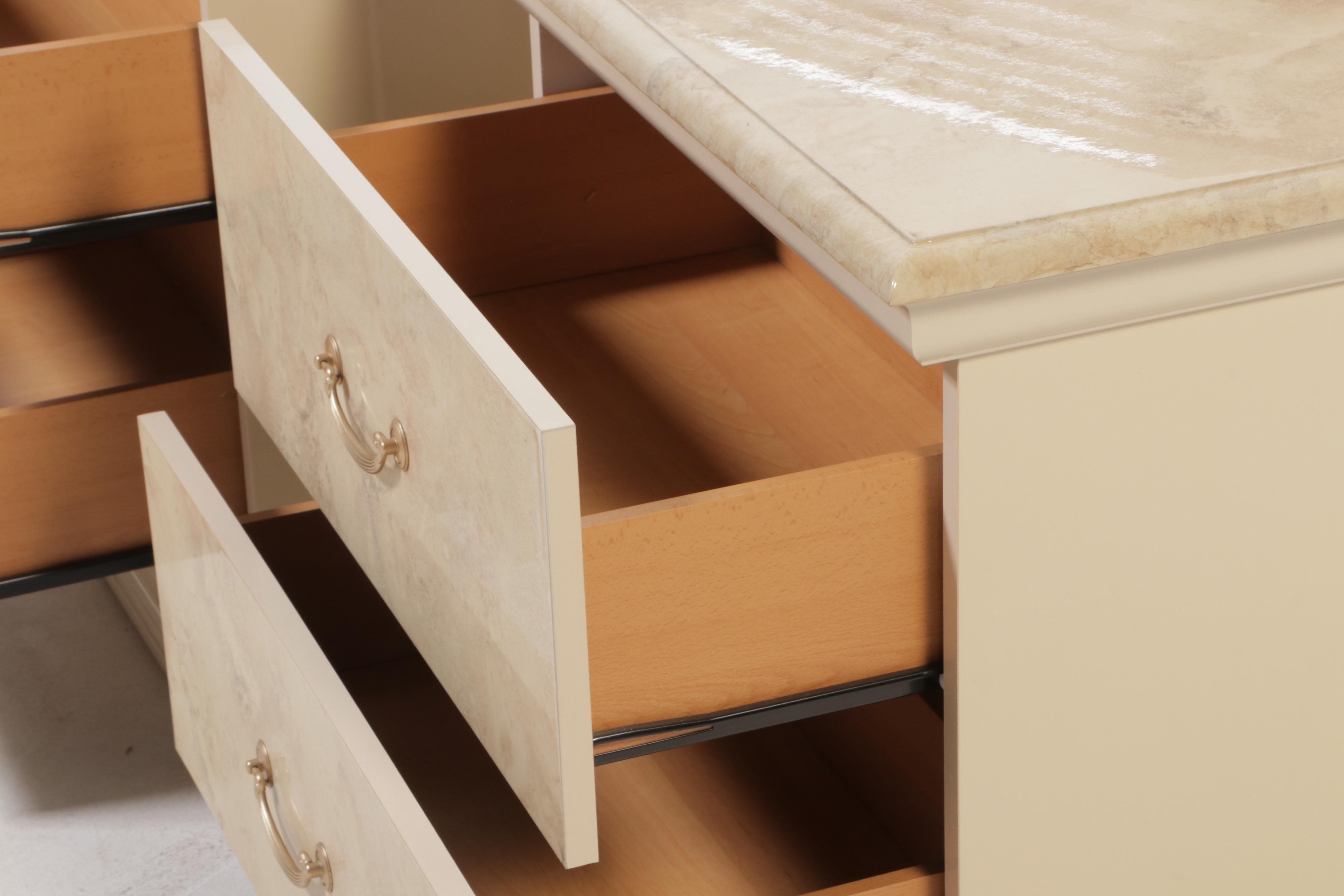 Two Italian Art Deco Style Marbleized Nightstands & Queen Headboard, c. 2000