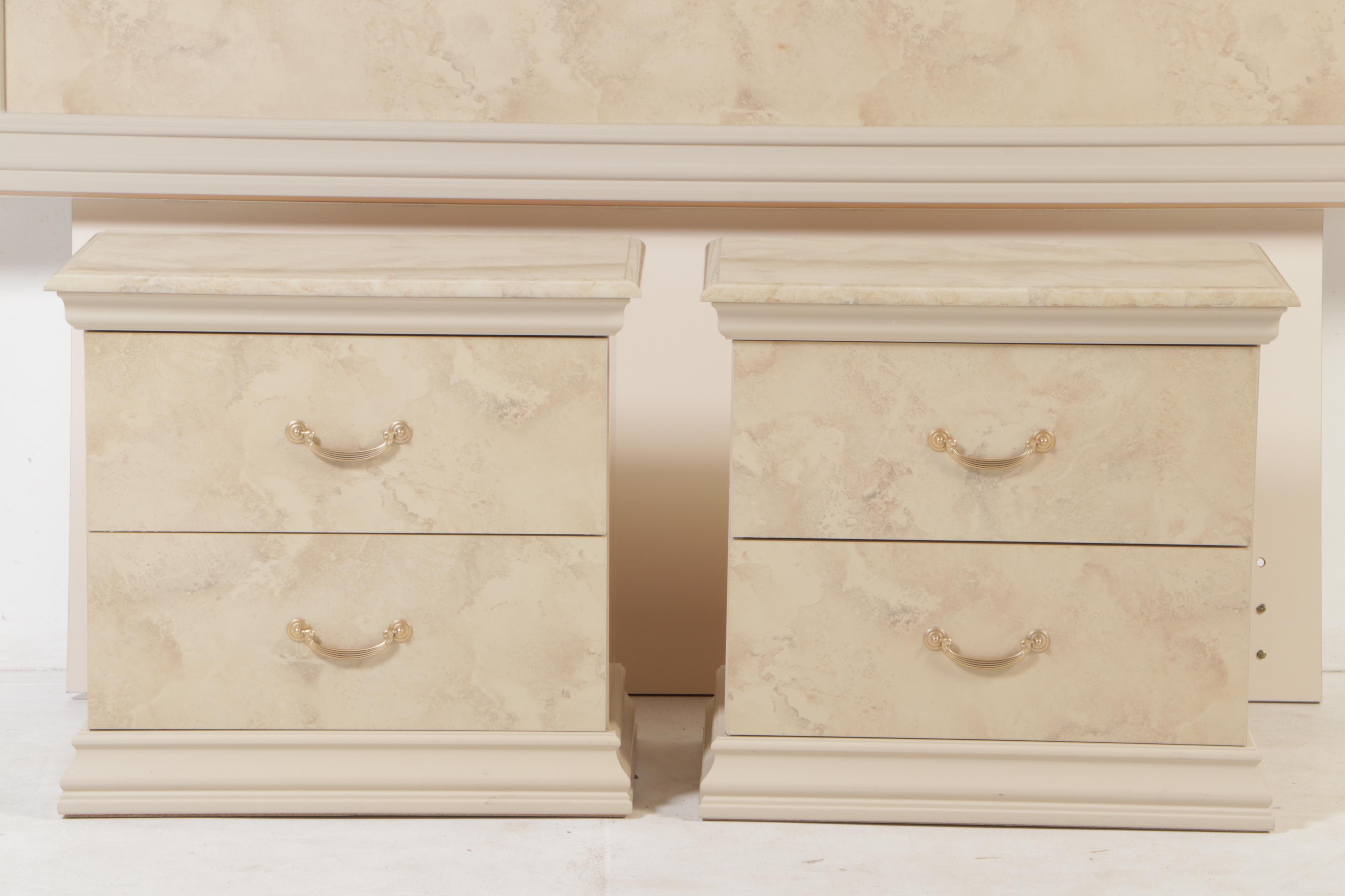 Two Italian Art Deco Style Marbleized Nightstands & Queen Headboard, c. 2000
