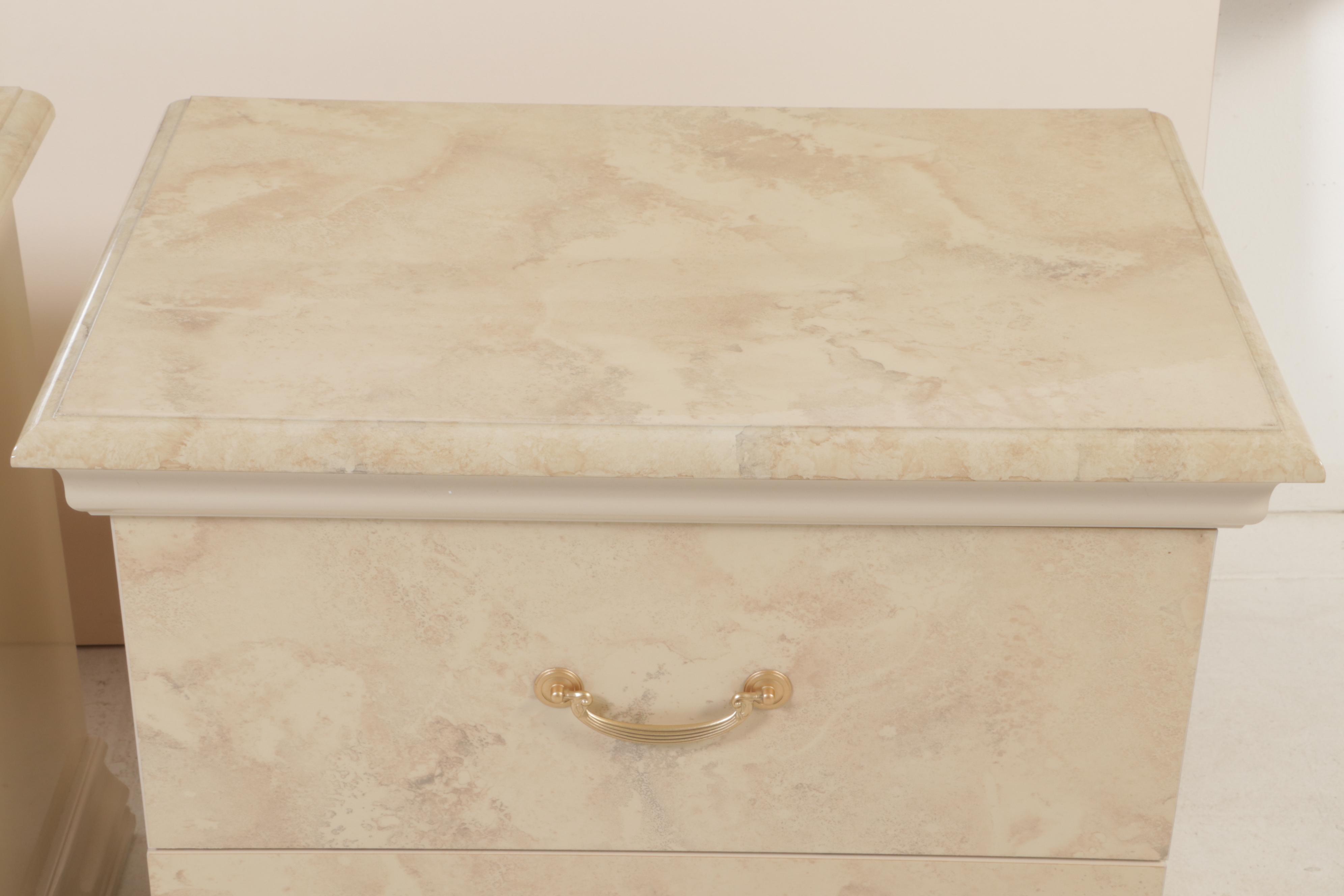 Two Italian Art Deco Style Marbleized Nightstands & Queen Headboard, c. 2000