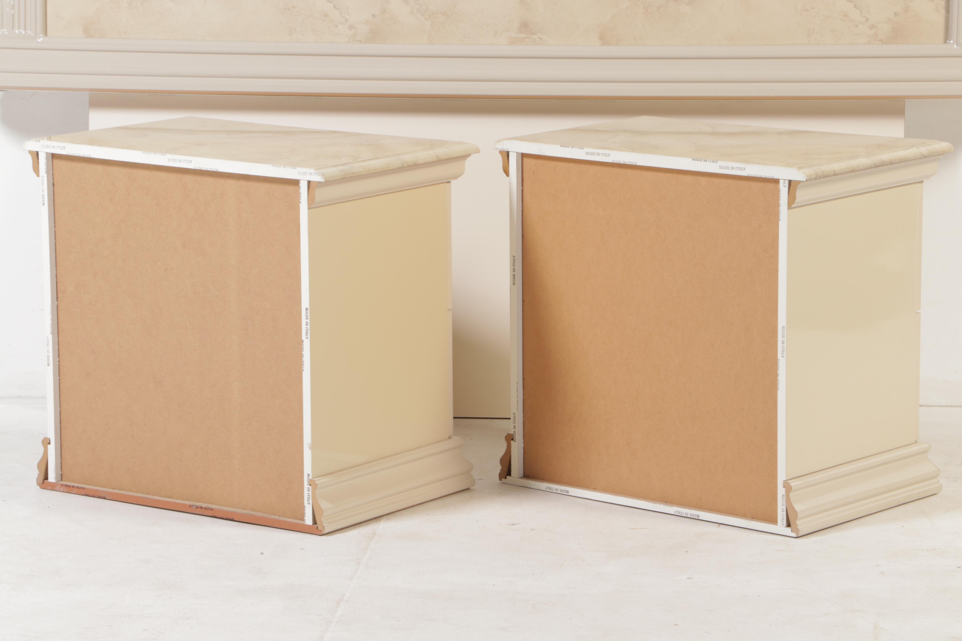 Two Italian Art Deco Style Marbleized Nightstands & Queen Headboard, c. 2000