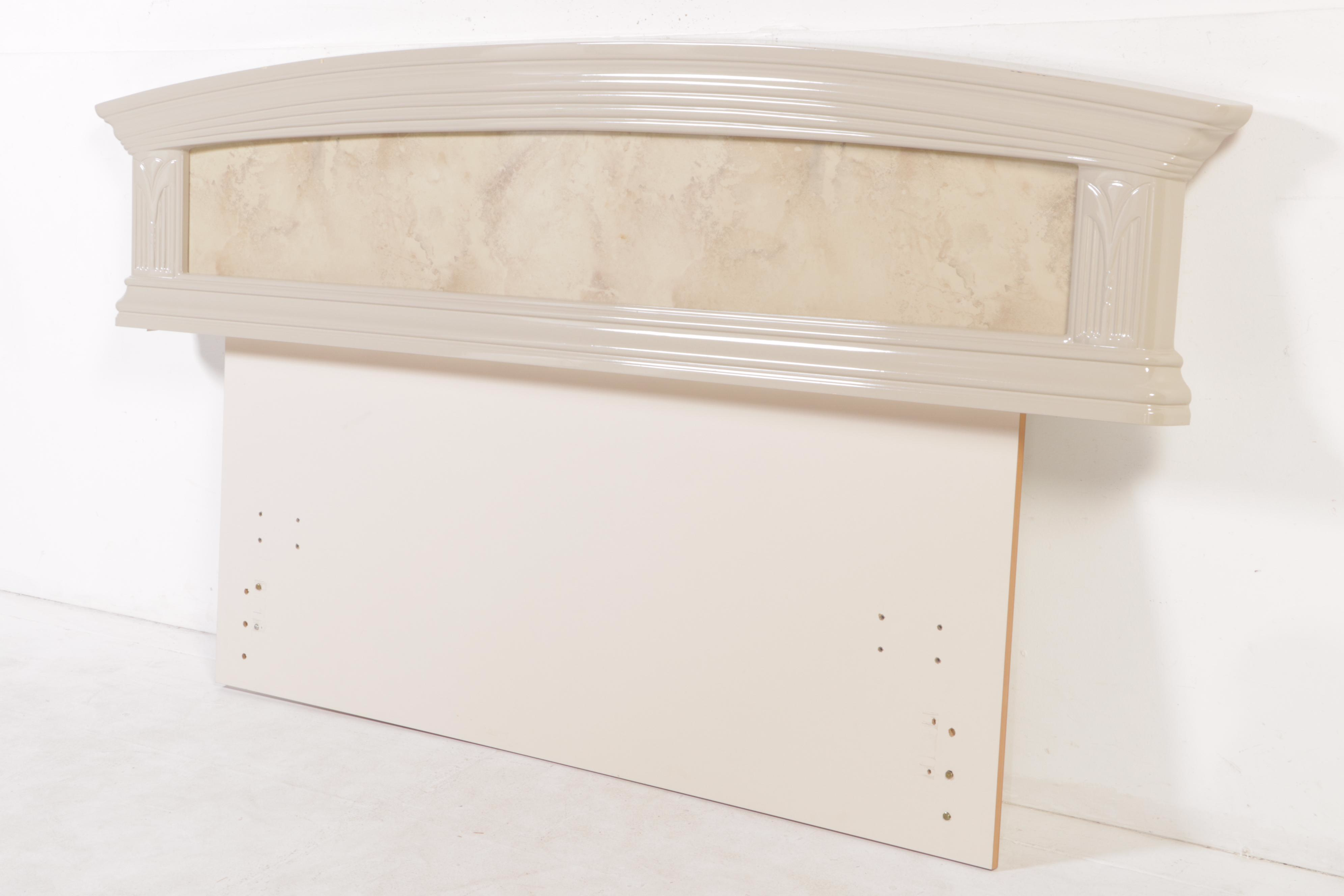 Two Italian Art Deco Style Marbleized Nightstands & Queen Headboard, c. 2000