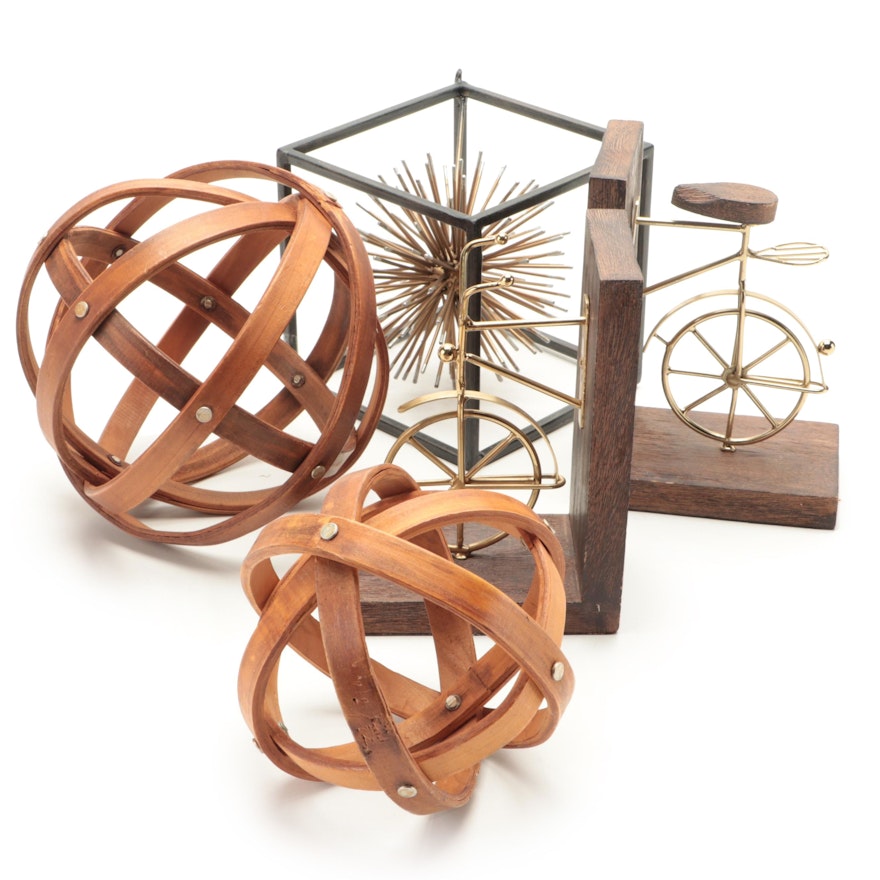 Gilt Metal Wire Bicycle Bookends with Banded Wood Spheres and Wall Décor