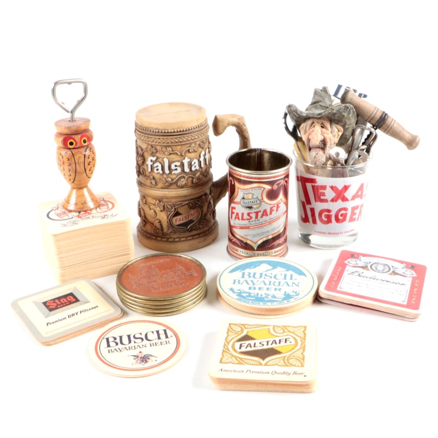 Coors Metal Bottle Openers, Falstaff Brewing Beer Mug, and Other Barware