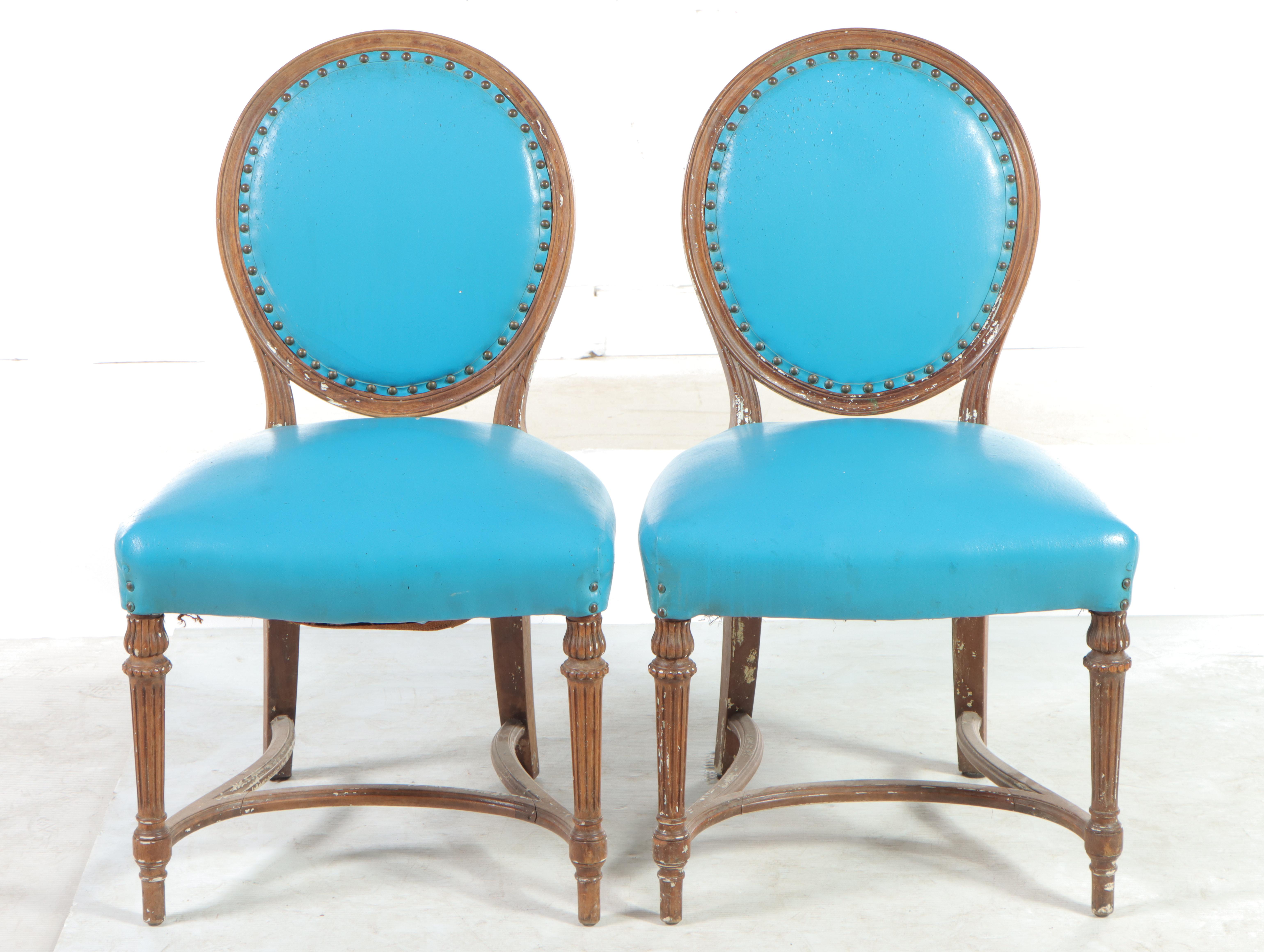 Pair of Louis XVI Style Walnut and Blue Vinyl Salon Chairs, Late 19th Century