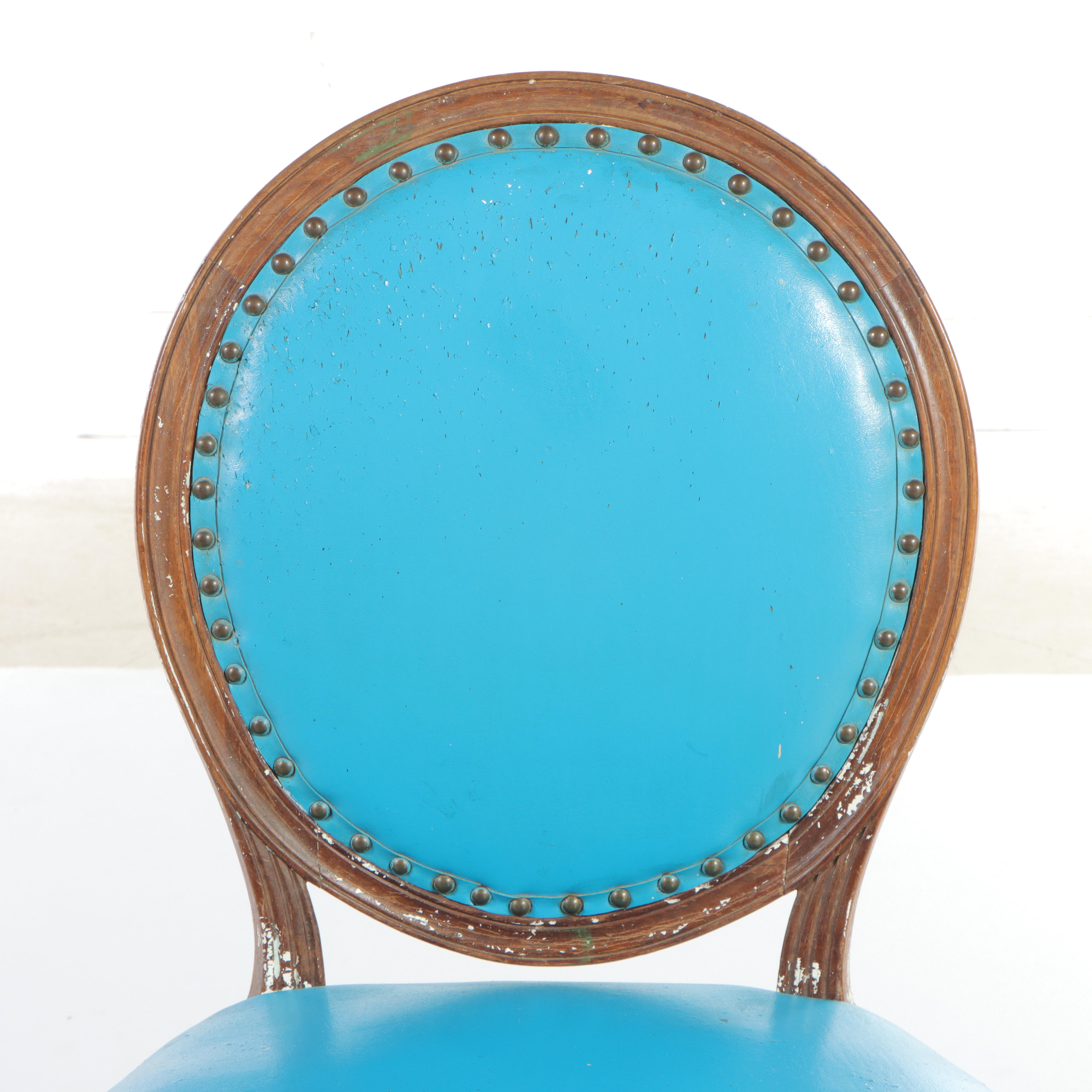 Pair of Louis XVI Style Walnut and Blue Vinyl Salon Chairs, Late 19th Century