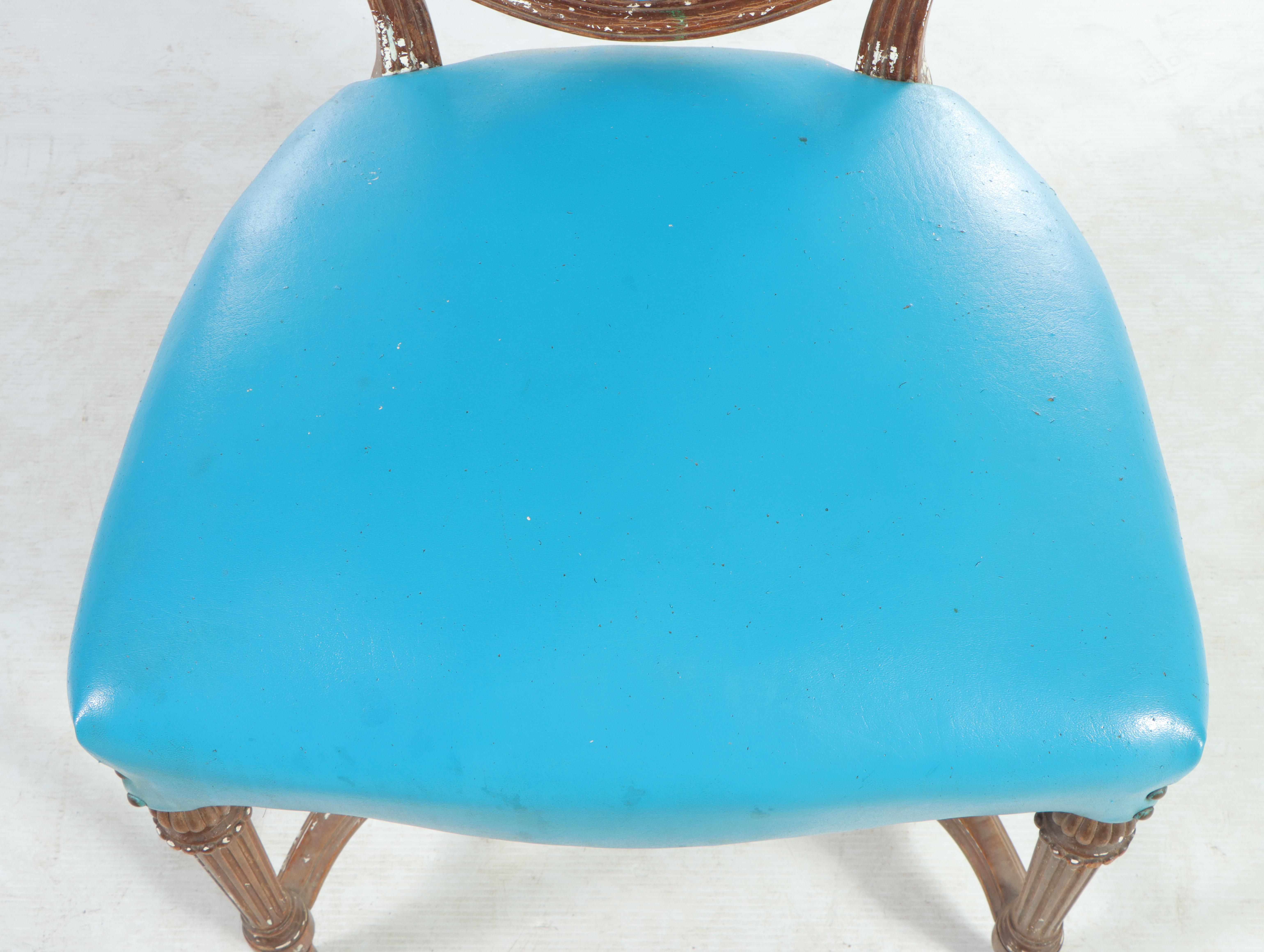 Pair of Louis XVI Style Walnut and Blue Vinyl Salon Chairs, Late 19th Century