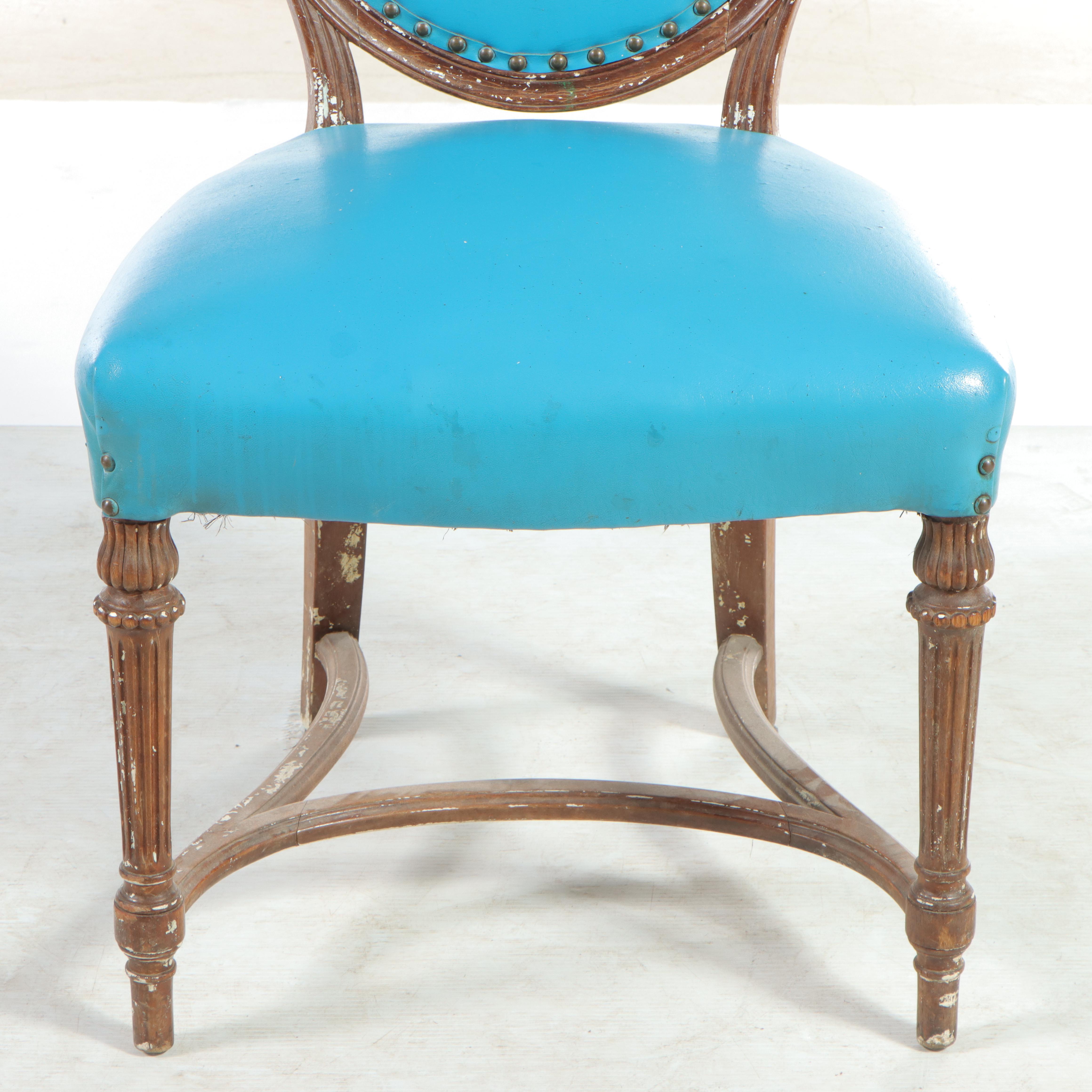 Pair of Louis XVI Style Walnut and Blue Vinyl Salon Chairs, Late 19th Century