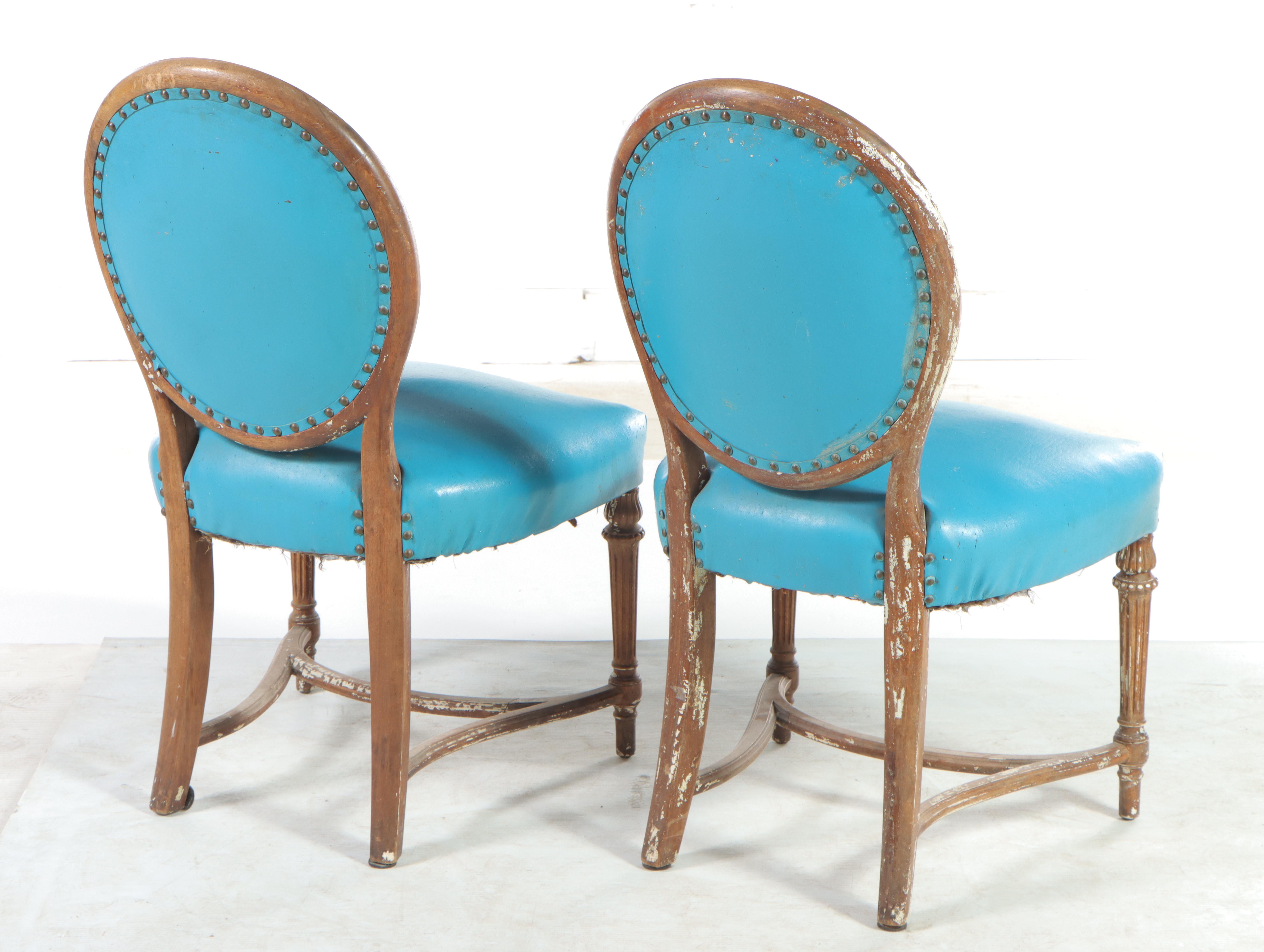 Pair of Louis XVI Style Walnut and Blue Vinyl Salon Chairs, Late 19th Century