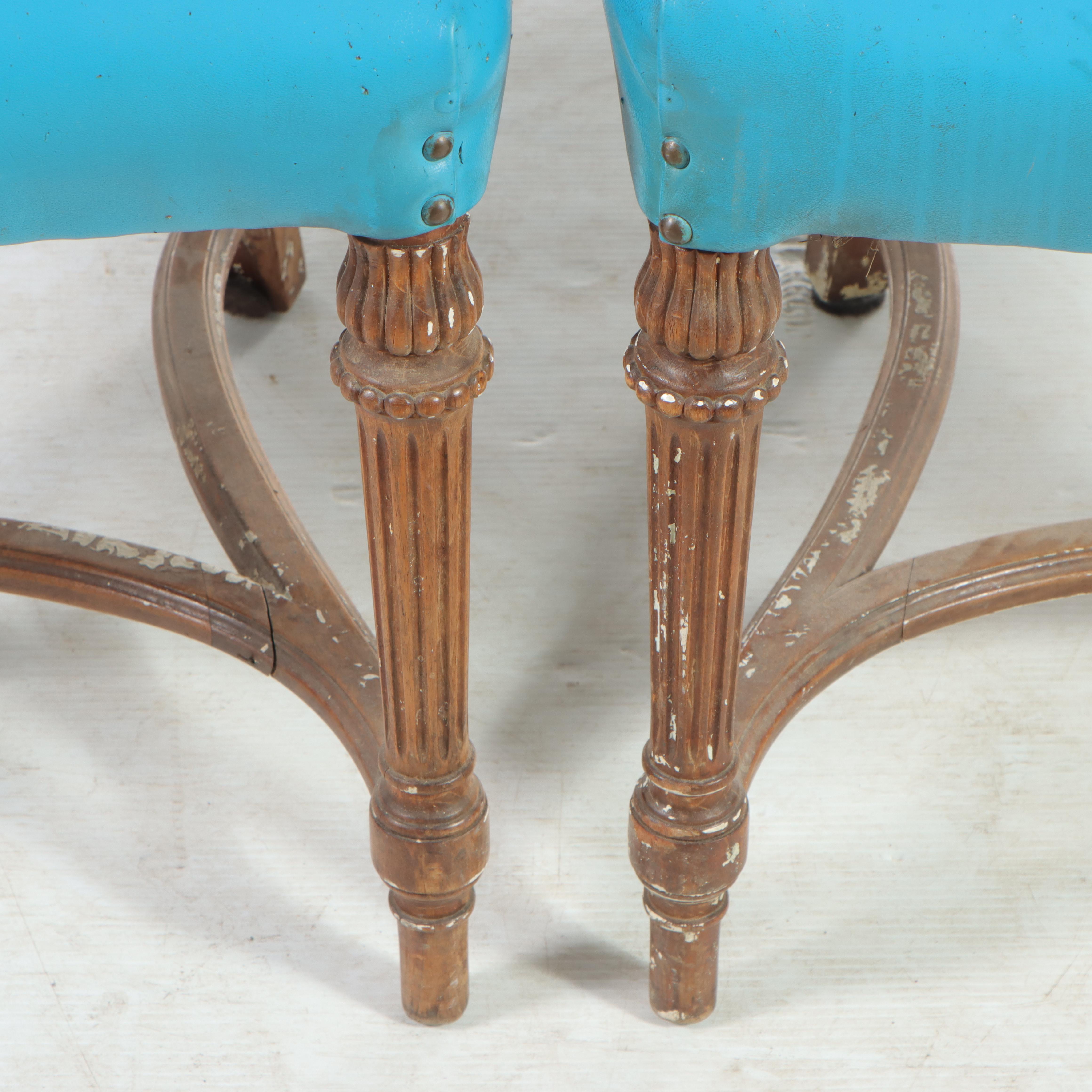Pair of Louis XVI Style Walnut and Blue Vinyl Salon Chairs, Late 19th Century