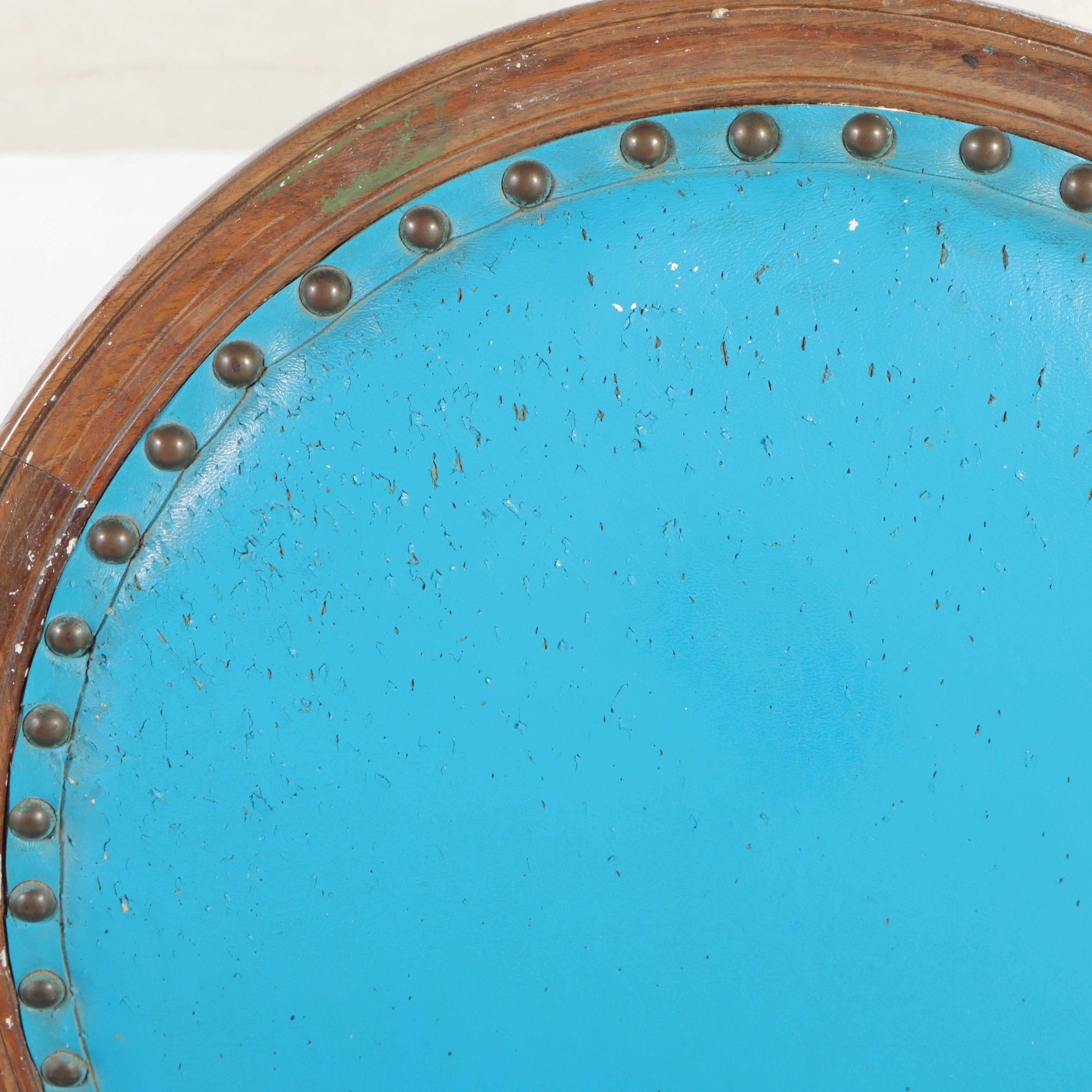 Pair of Louis XVI Style Walnut and Blue Vinyl Salon Chairs, Late 19th Century