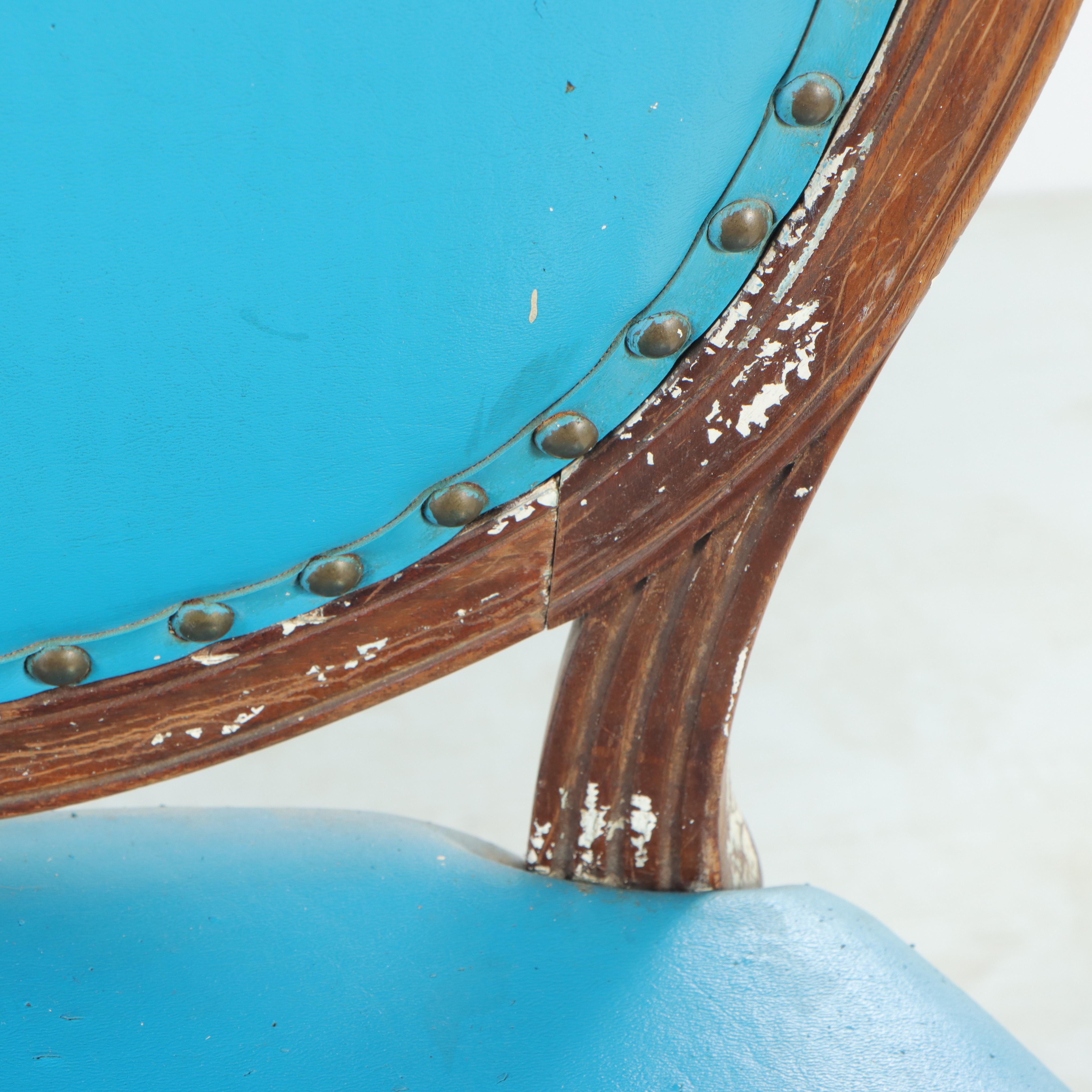 Pair of Louis XVI Style Walnut and Blue Vinyl Salon Chairs, Late 19th Century