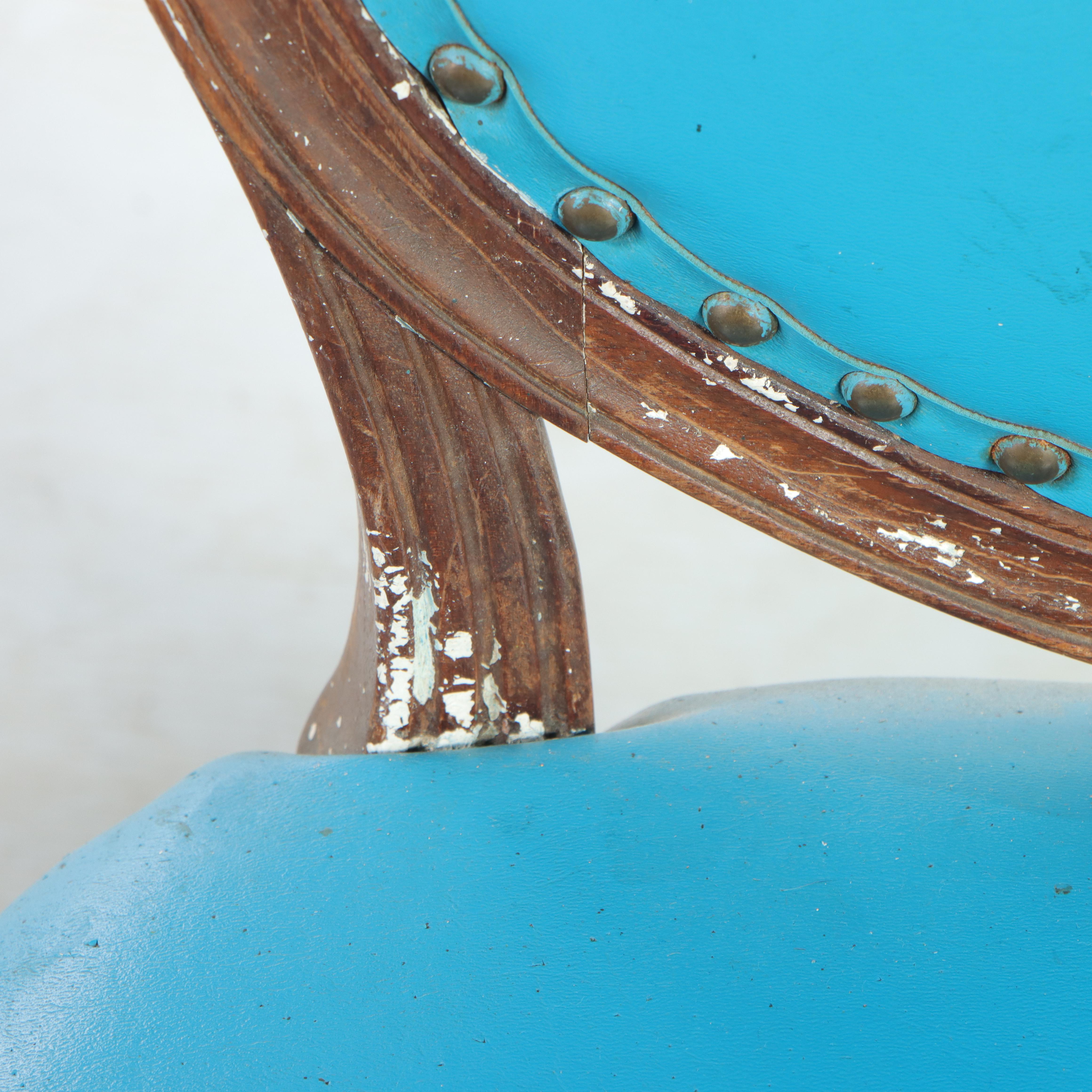 Pair of Louis XVI Style Walnut and Blue Vinyl Salon Chairs, Late 19th Century