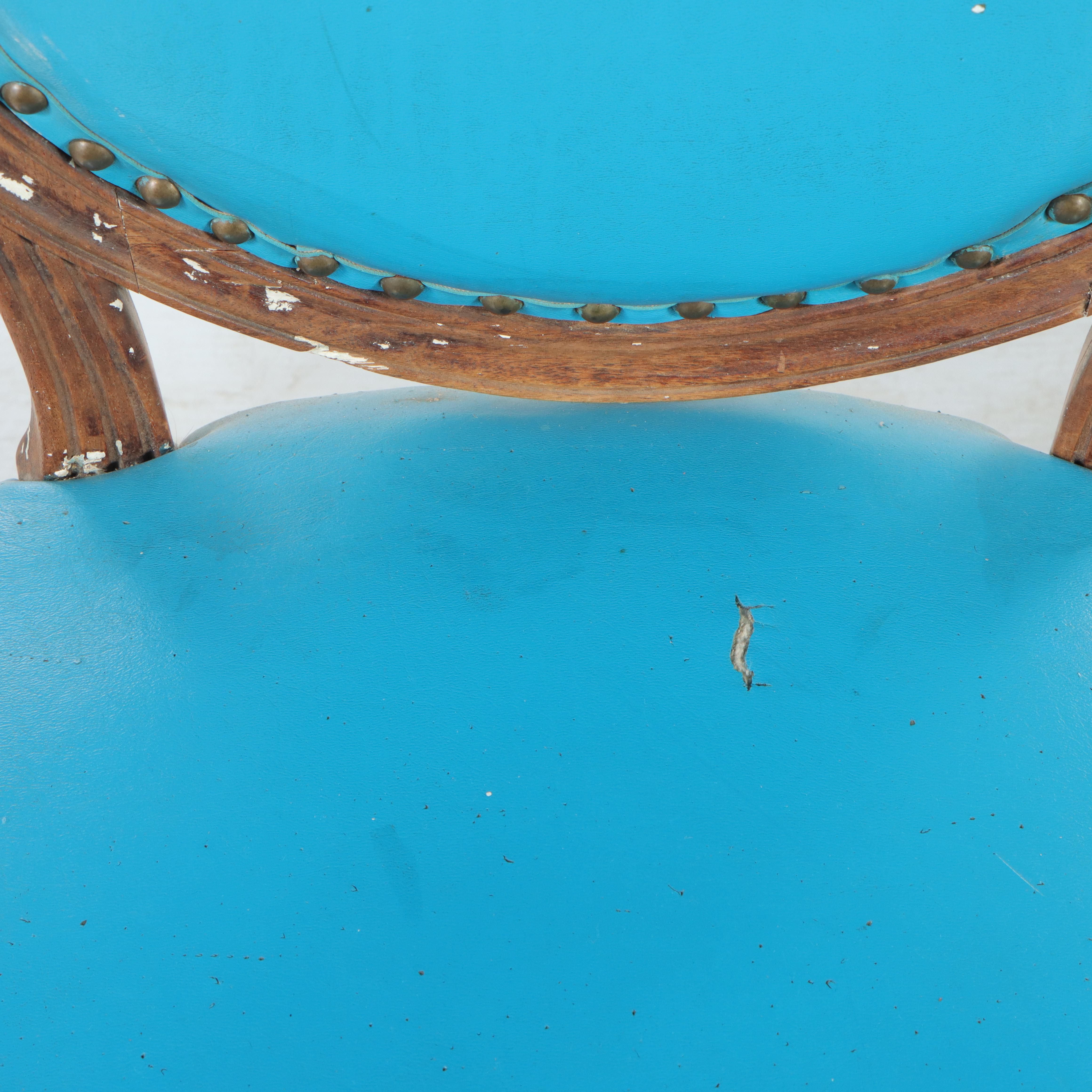 Pair of Louis XVI Style Walnut and Blue Vinyl Salon Chairs, Late 19th Century