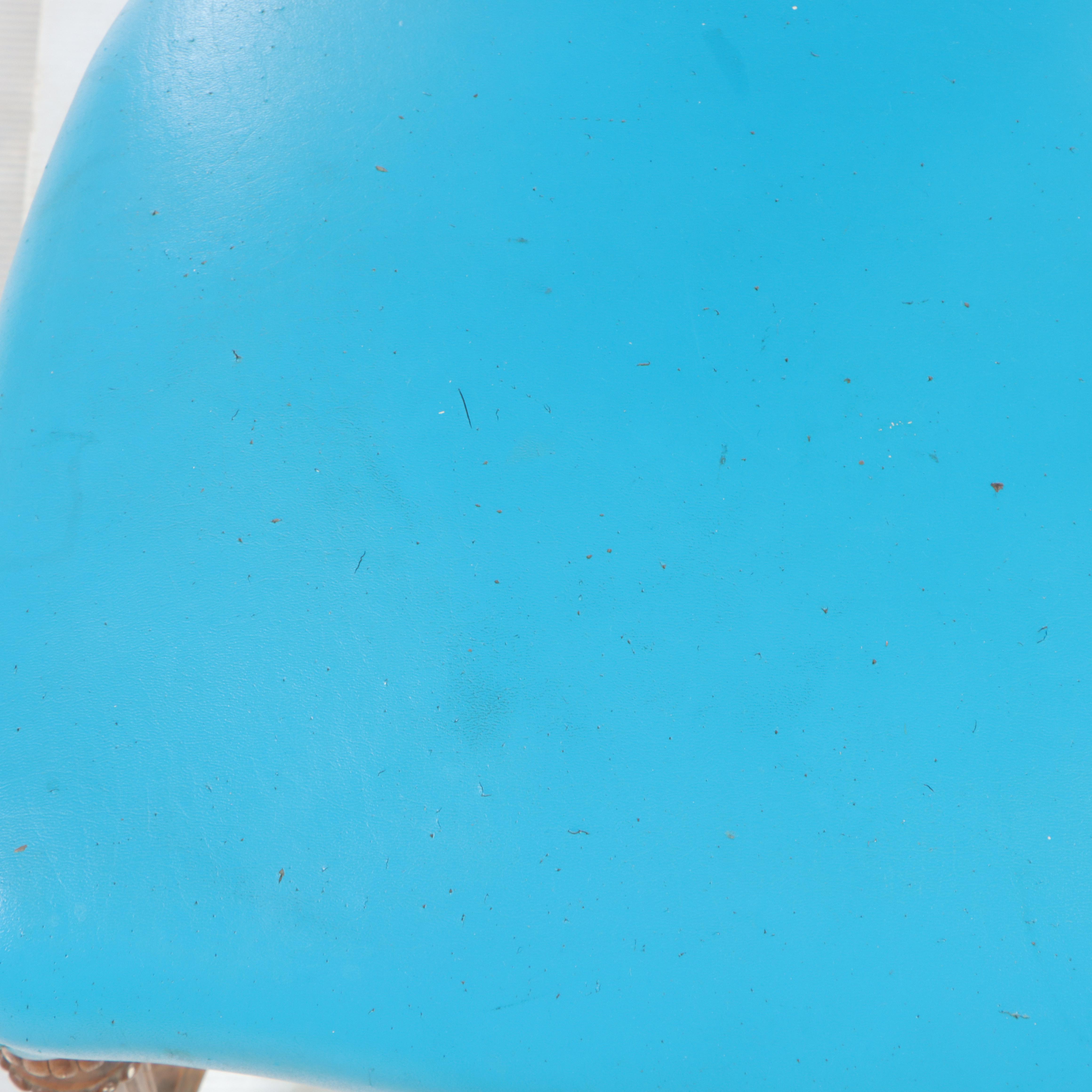 Pair of Louis XVI Style Walnut and Blue Vinyl Salon Chairs, Late 19th Century