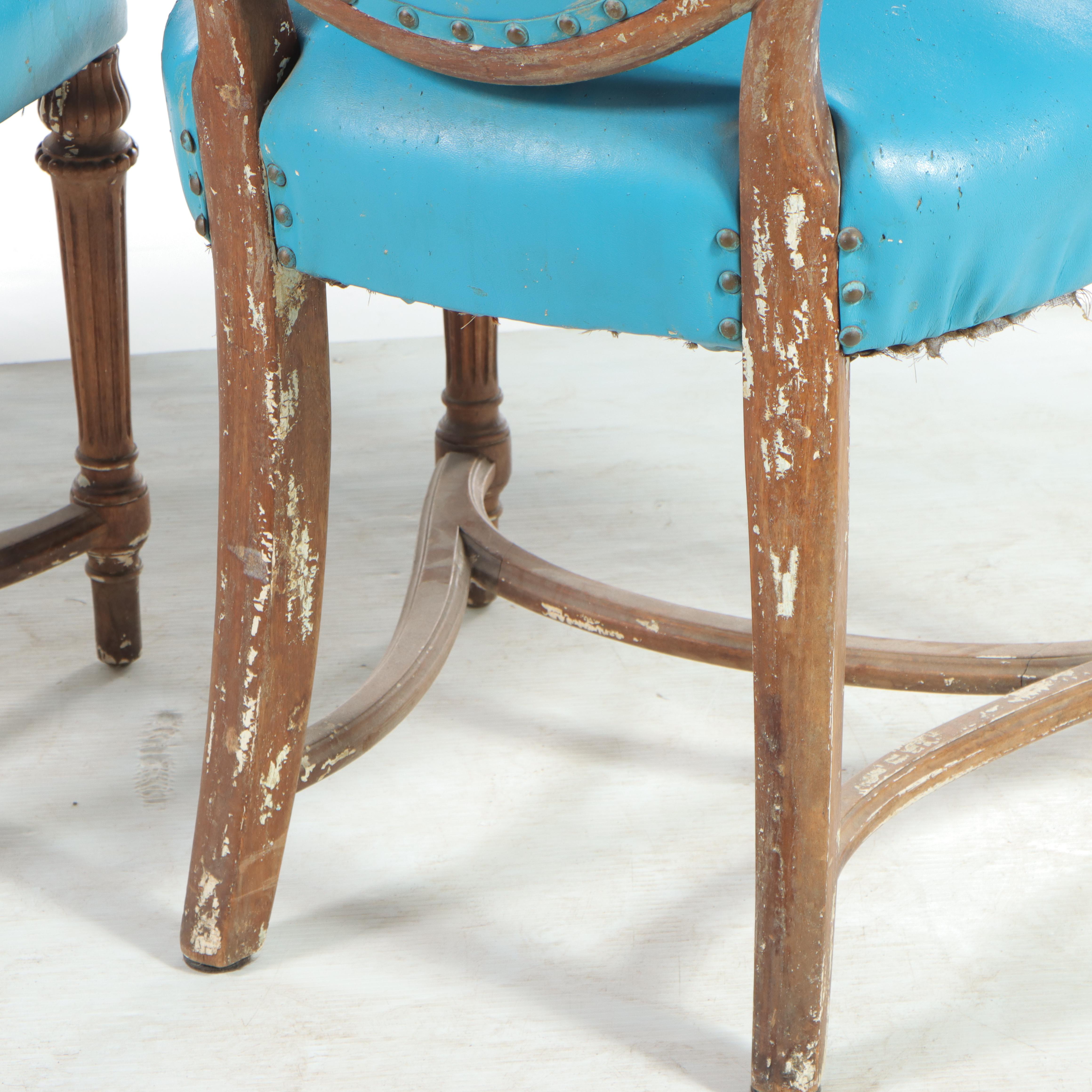 Pair of Louis XVI Style Walnut and Blue Vinyl Salon Chairs, Late 19th Century