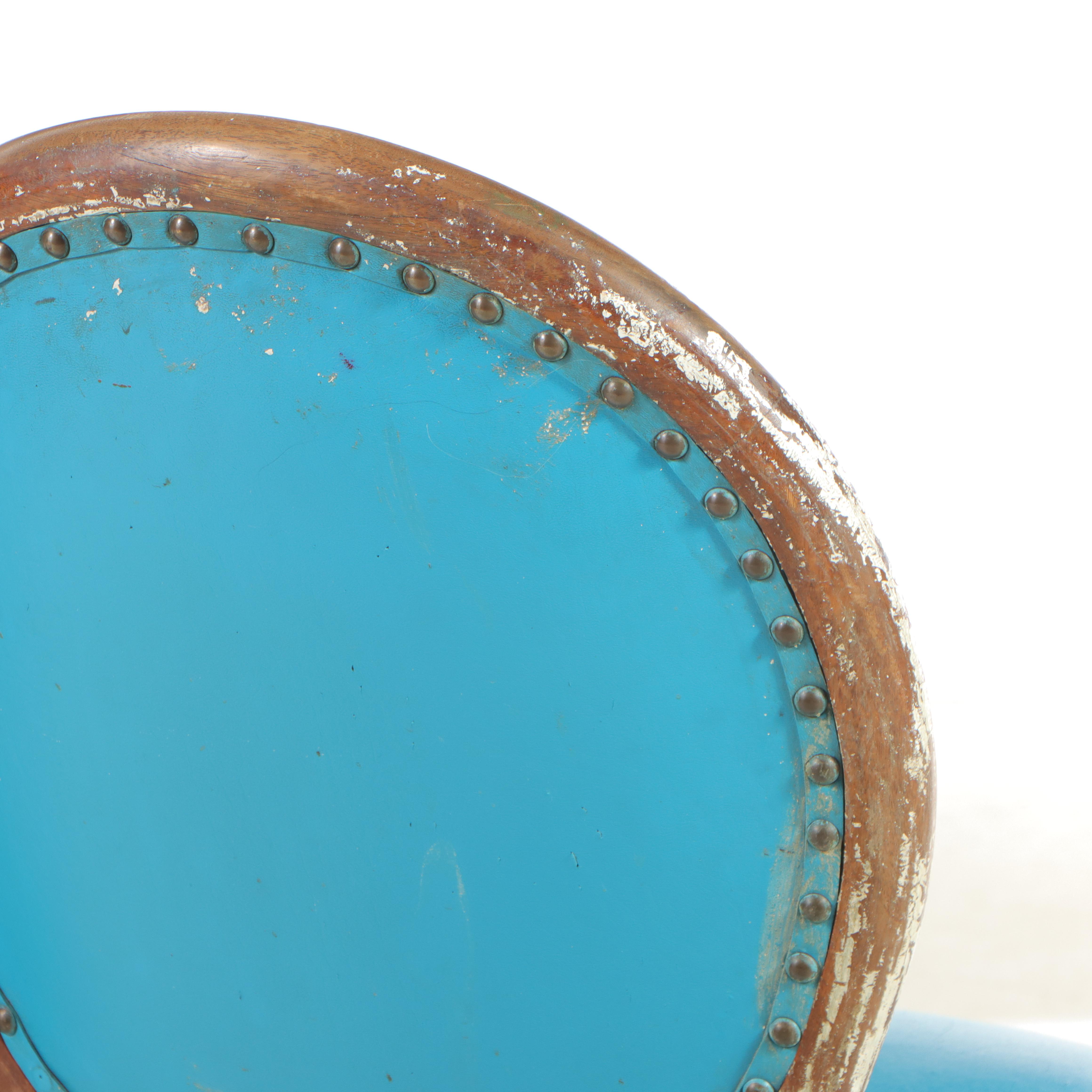 Pair of Louis XVI Style Walnut and Blue Vinyl Salon Chairs, Late 19th Century