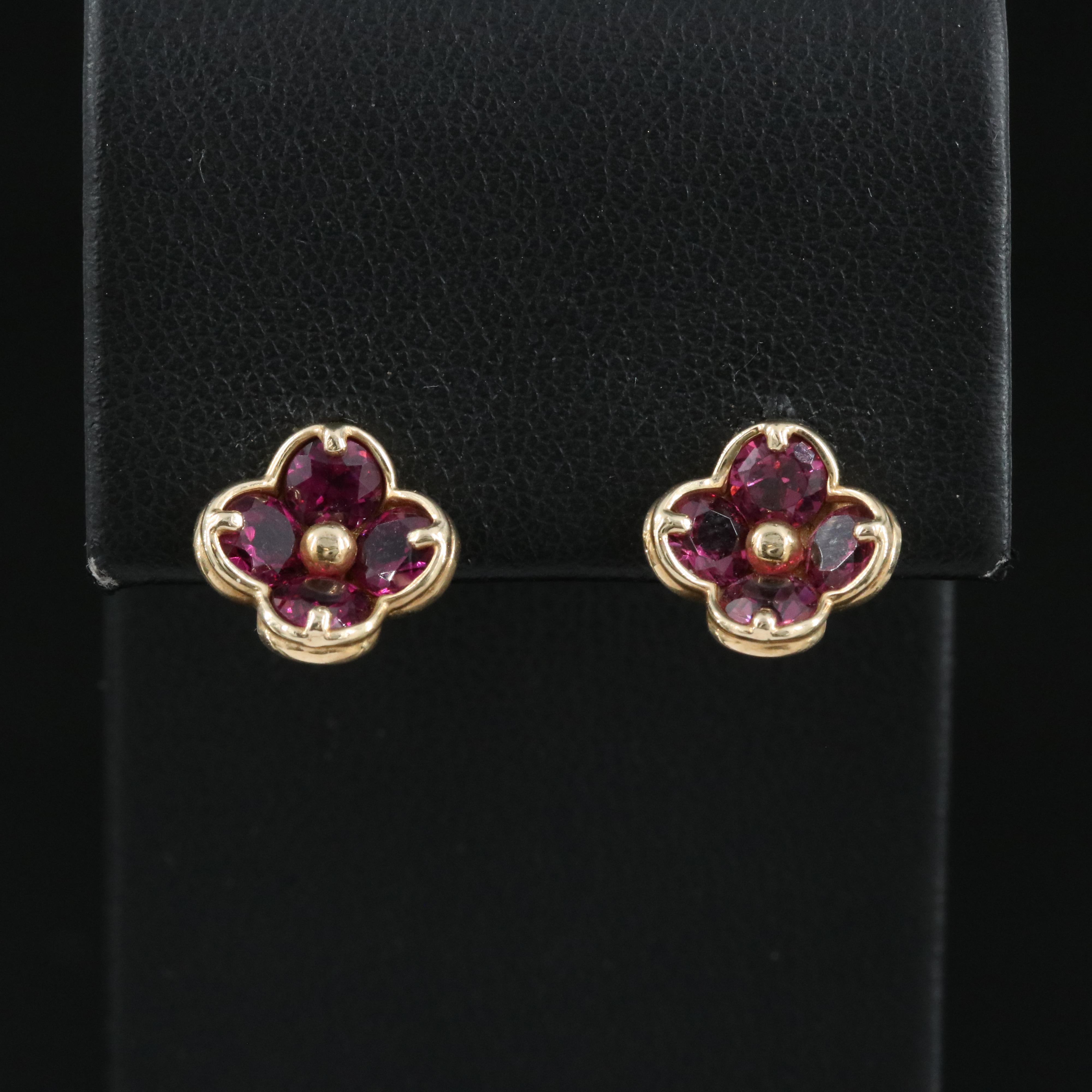 14K Rhodolite Garnet Flower Stud Earrings