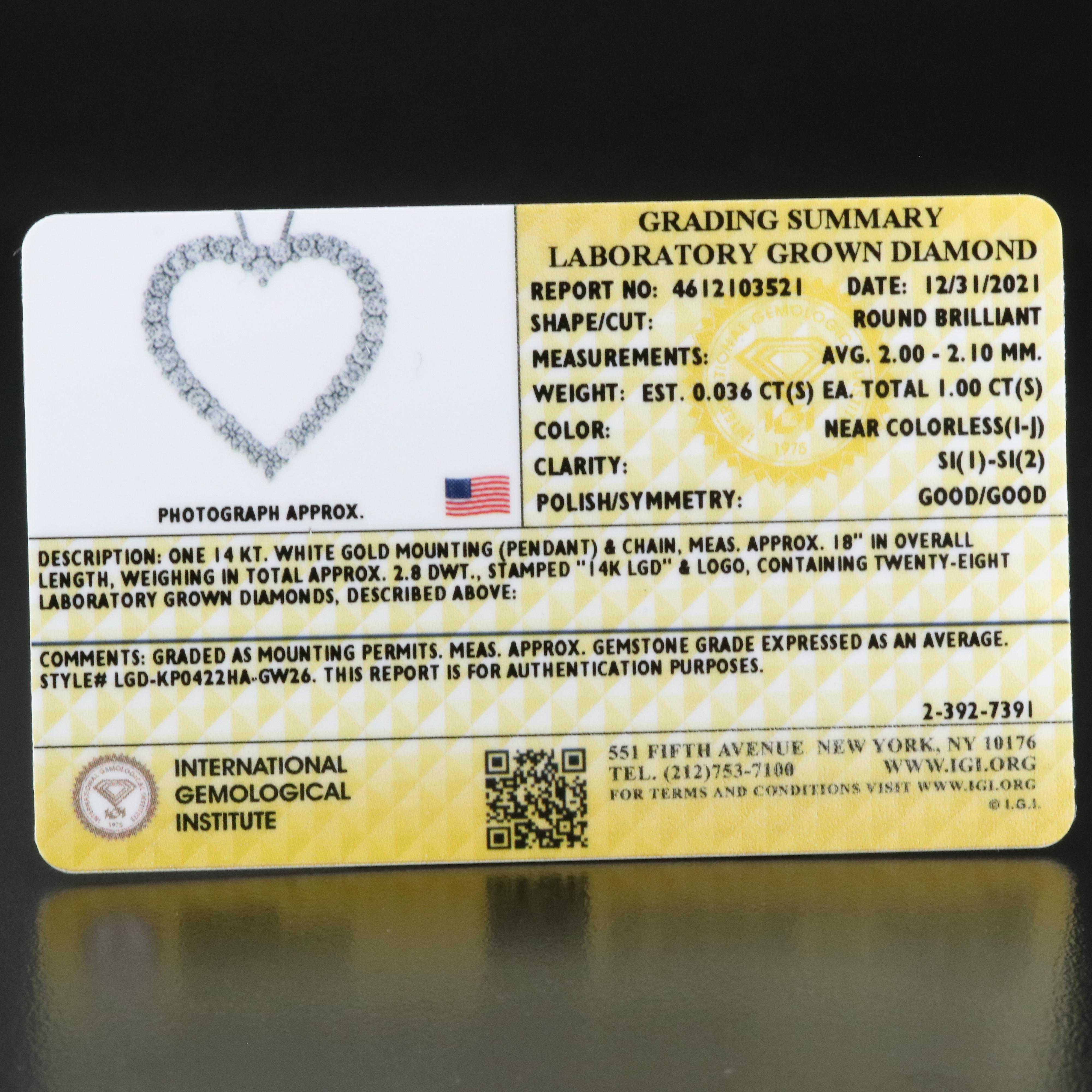 14K 1.00 CTW Lab Grown Diamond Heart Necklace with IGI Report