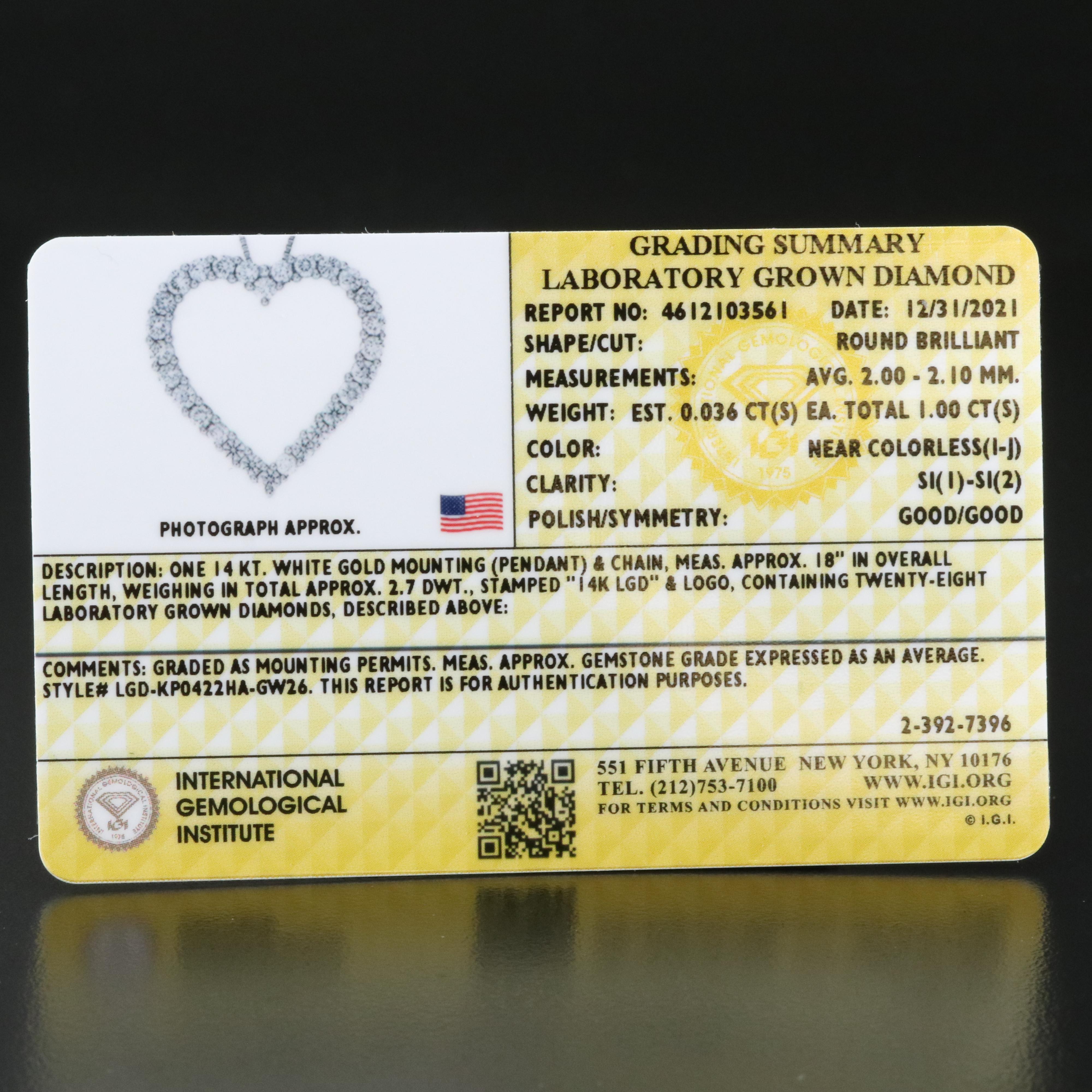 14K 1.00 CTW Lab Grown Diamond Heart Pendant Necklace with IGI Report