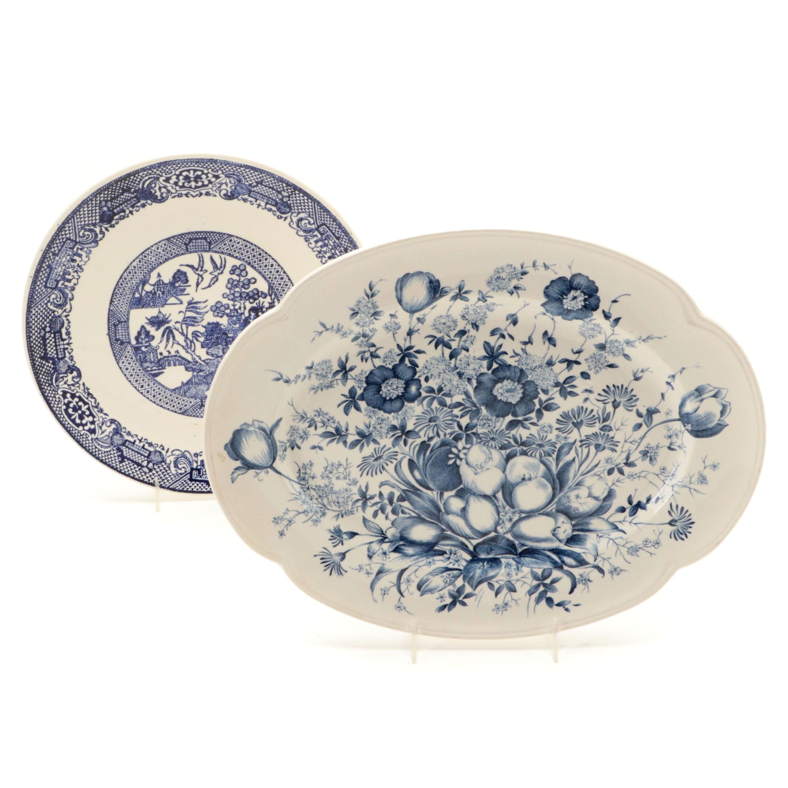 Johnson Bros. "Dover Blue" Oval Platter and Other Blue Willow Plate, Mid-20th C.