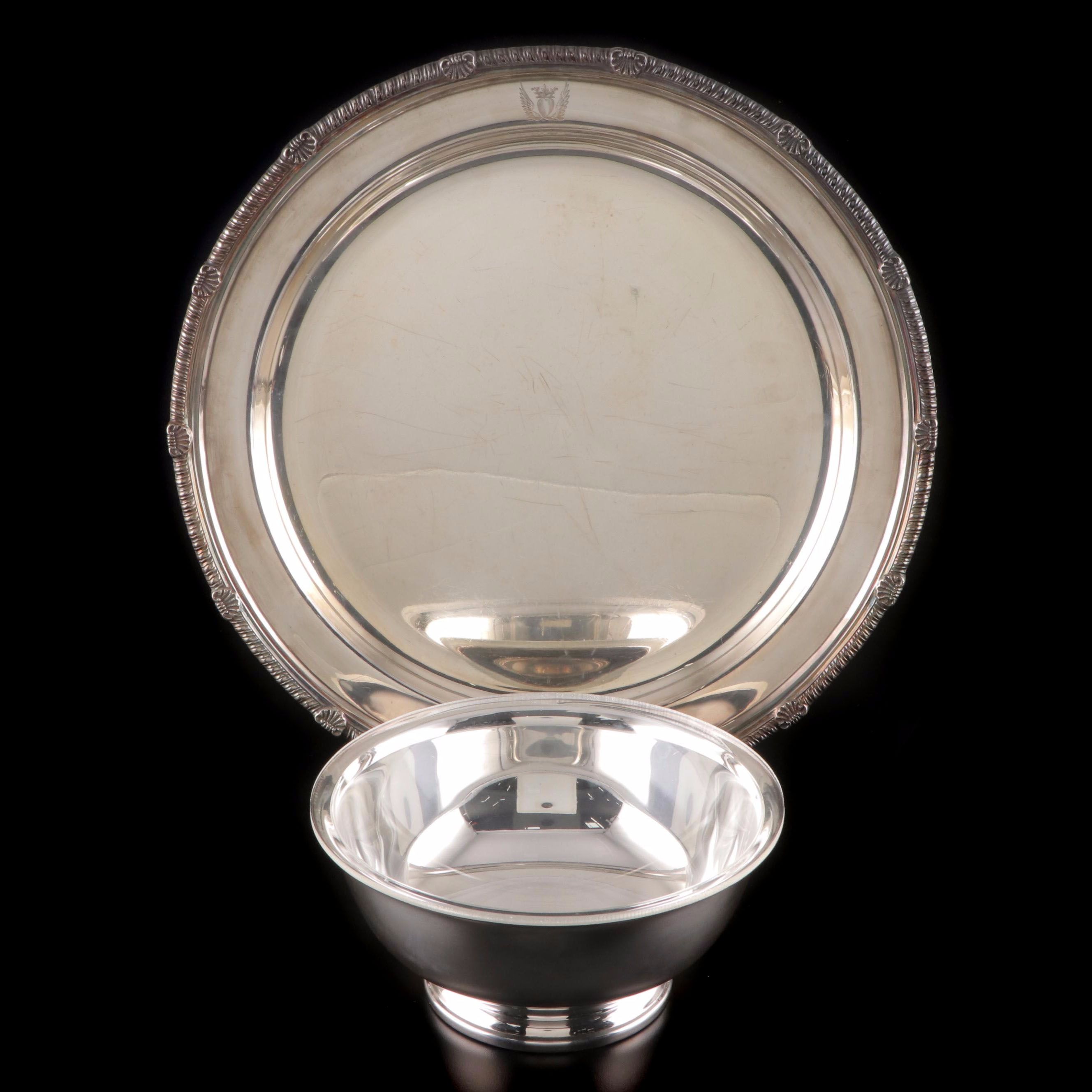 Gorham "Paul Revere" Silver Plate Serving Bowl with Oxford Silver Round Platter