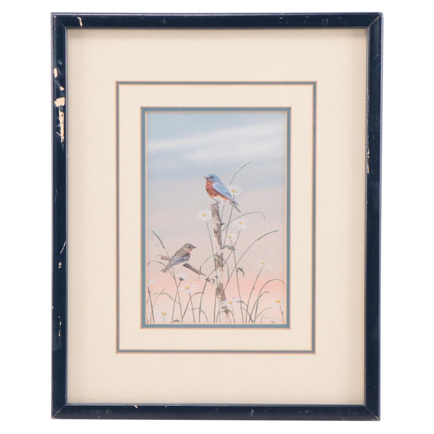 Offset Lithograph After Robert Leland Pence "Bluebirds and Daisies"