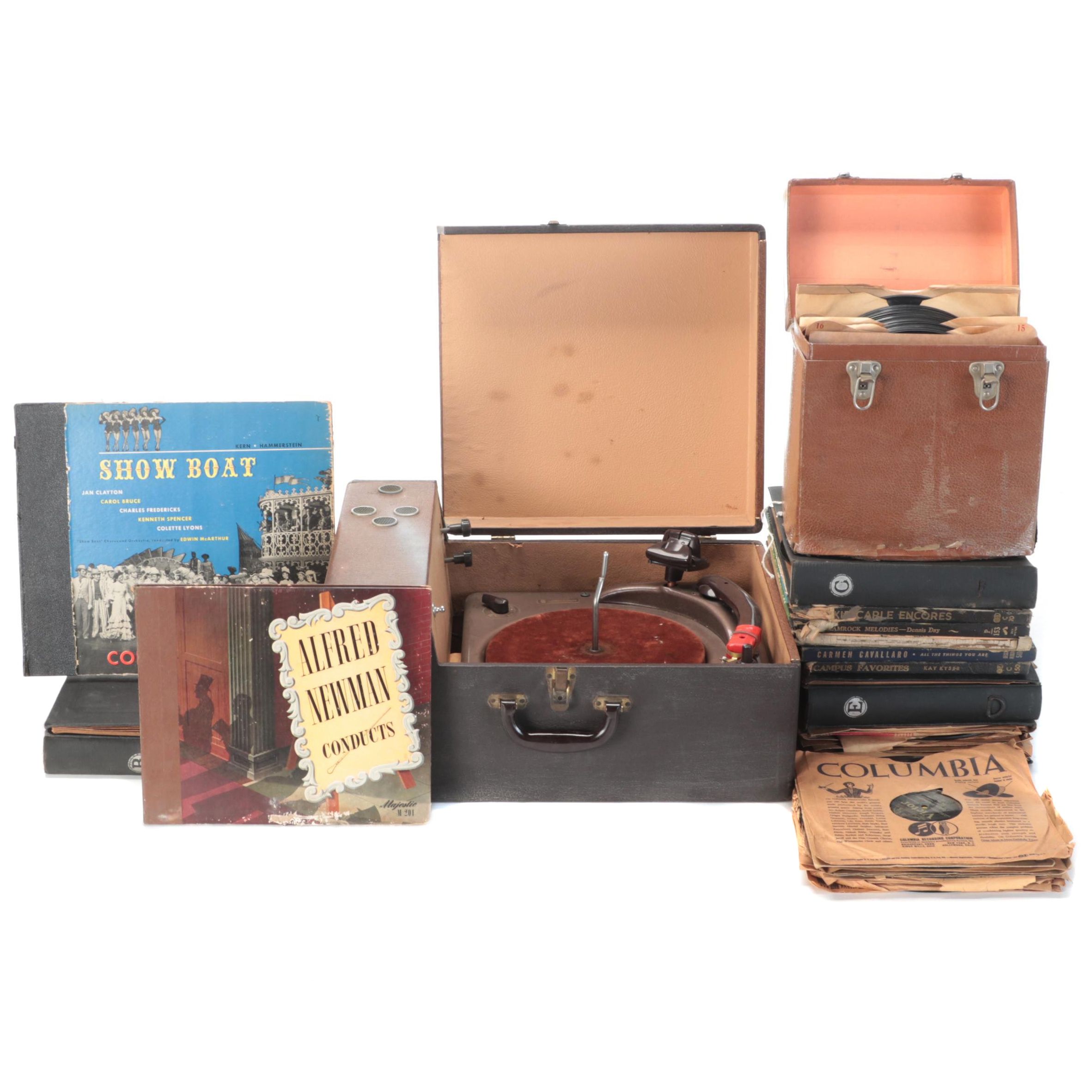 Webster-Chicago Portable Turntable With Record Albums and Vinyl Records