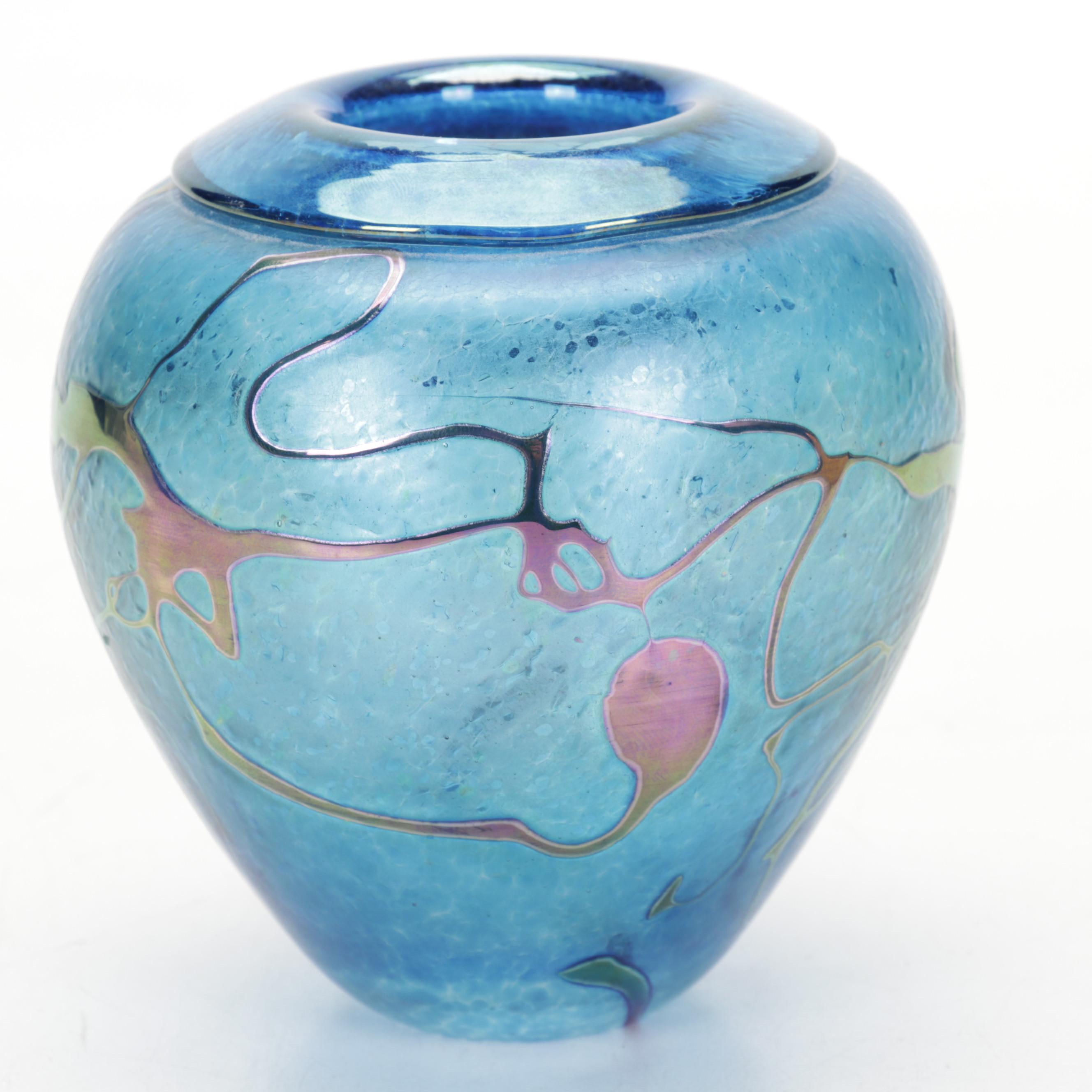 Chatham Glass Bud with Robert Held Cabinet and Etched Cobalt Art Glass Vases