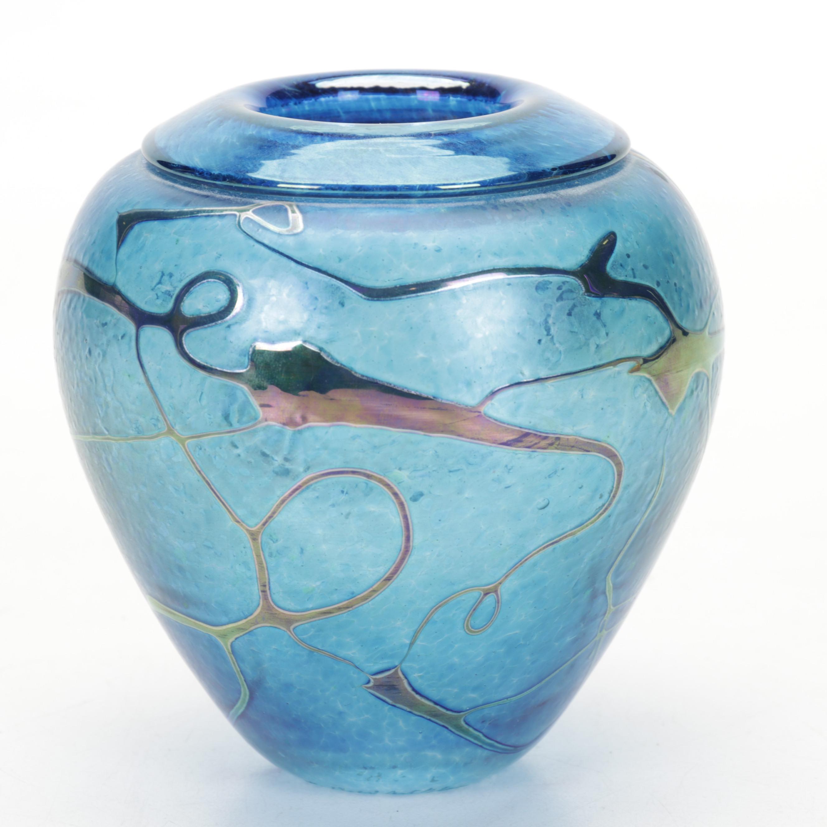 Chatham Glass Bud with Robert Held Cabinet and Etched Cobalt Art Glass Vases