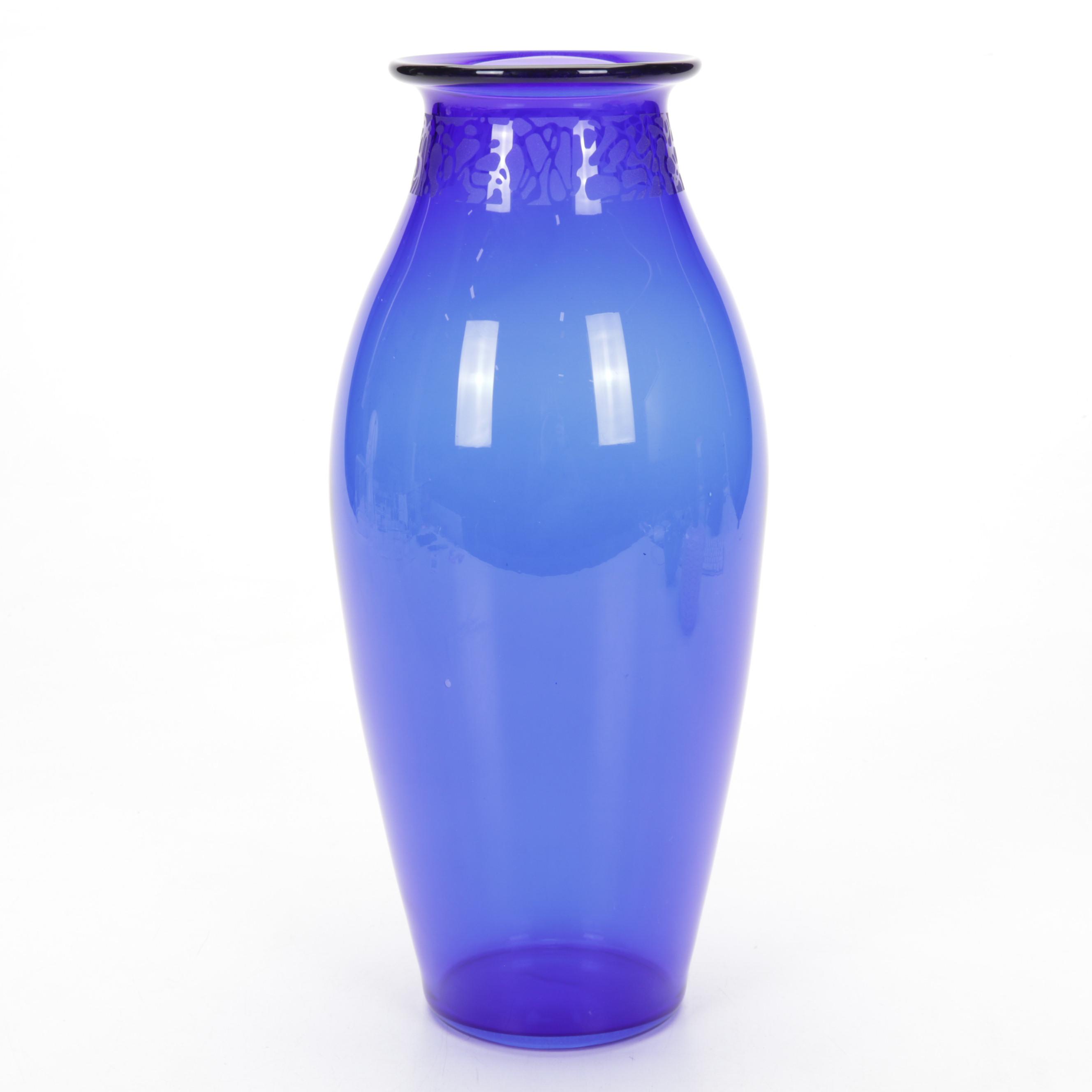 Chatham Glass Bud with Robert Held Cabinet and Etched Cobalt Art Glass Vases