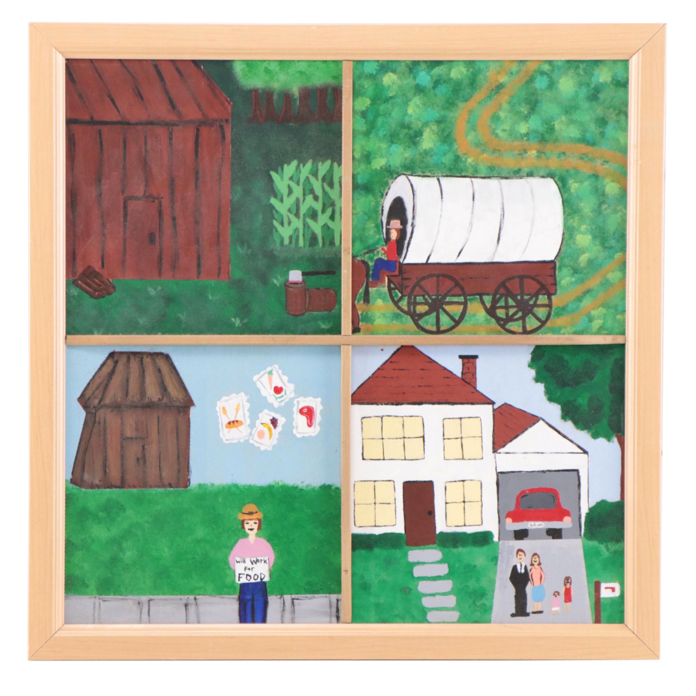 Folk Art Acrylic Painting of Farm Scenes, Late 20th Century