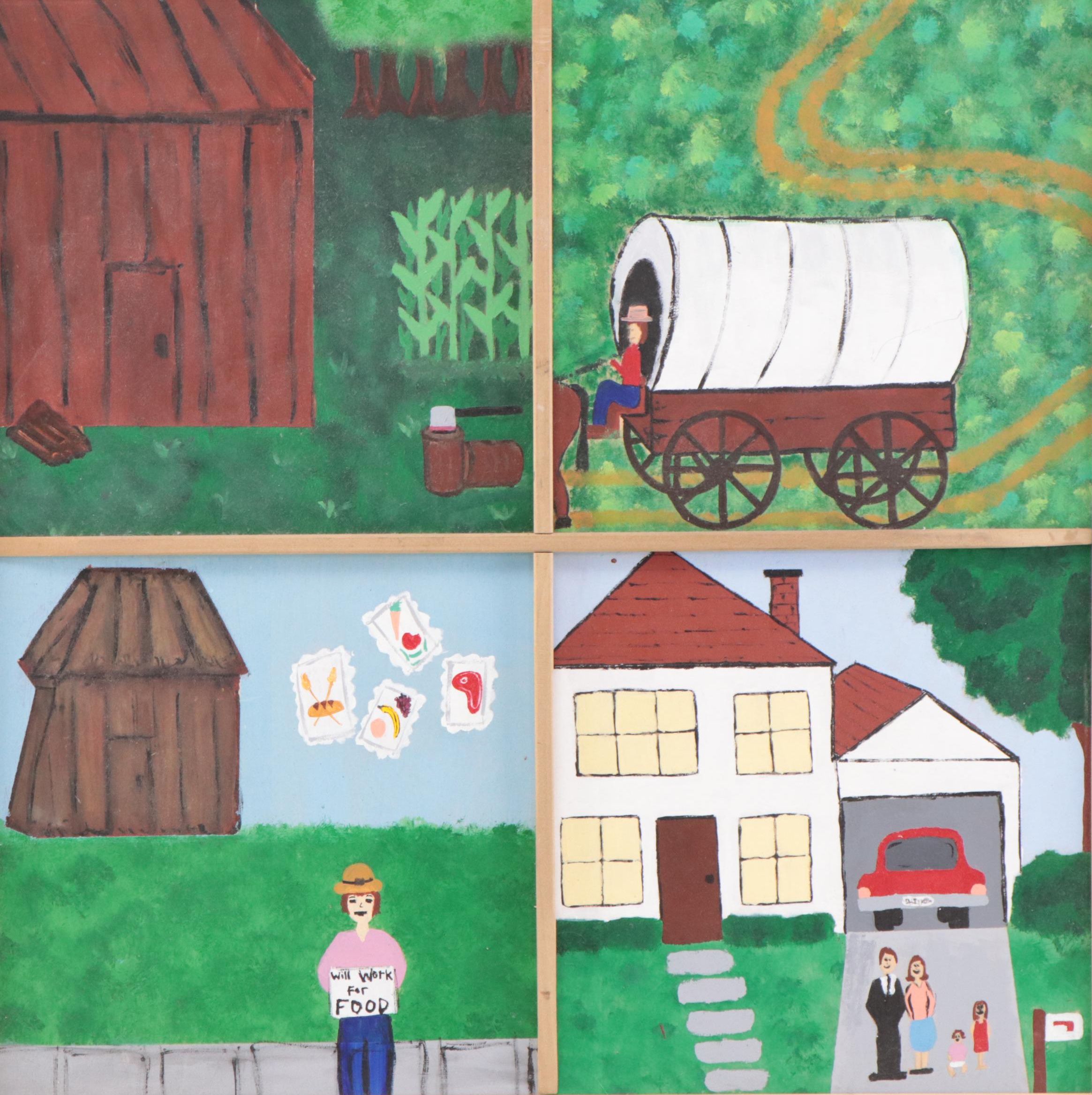 Folk Art Acrylic Painting of Farm Scenes, Late 20th Century