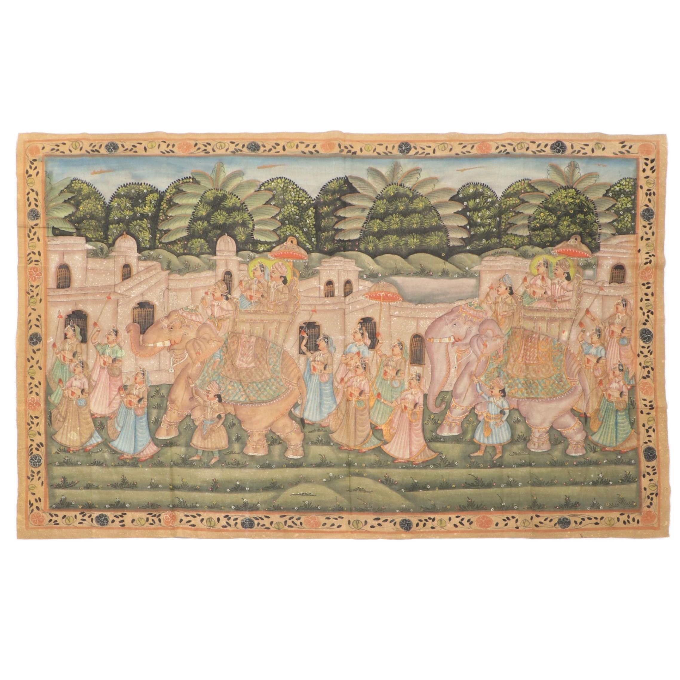 Indian Pichwai Gouache Painting of Elephant Procession, Mid-20th Century