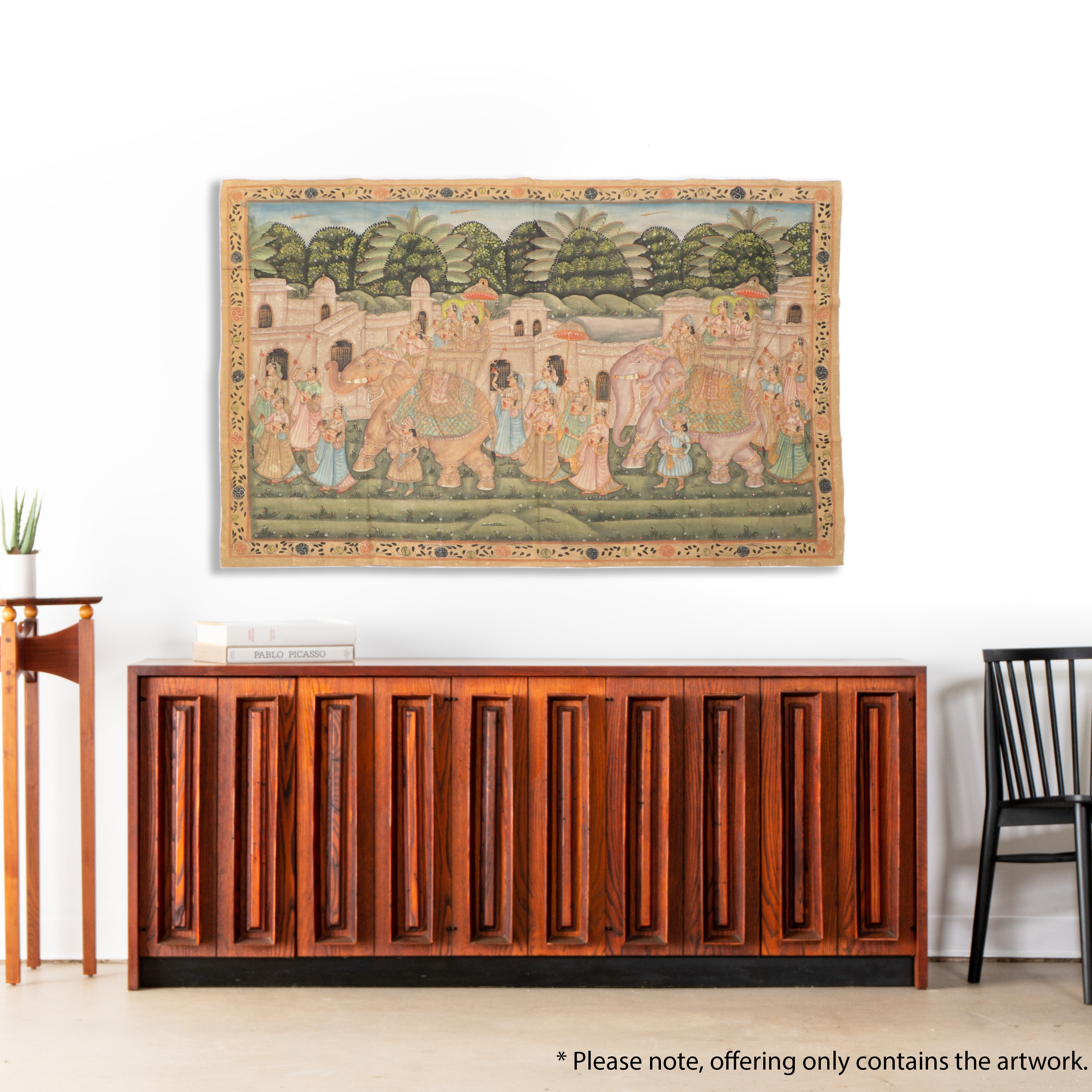 Indian Pichwai Gouache Painting of Elephant Procession, Mid-20th Century