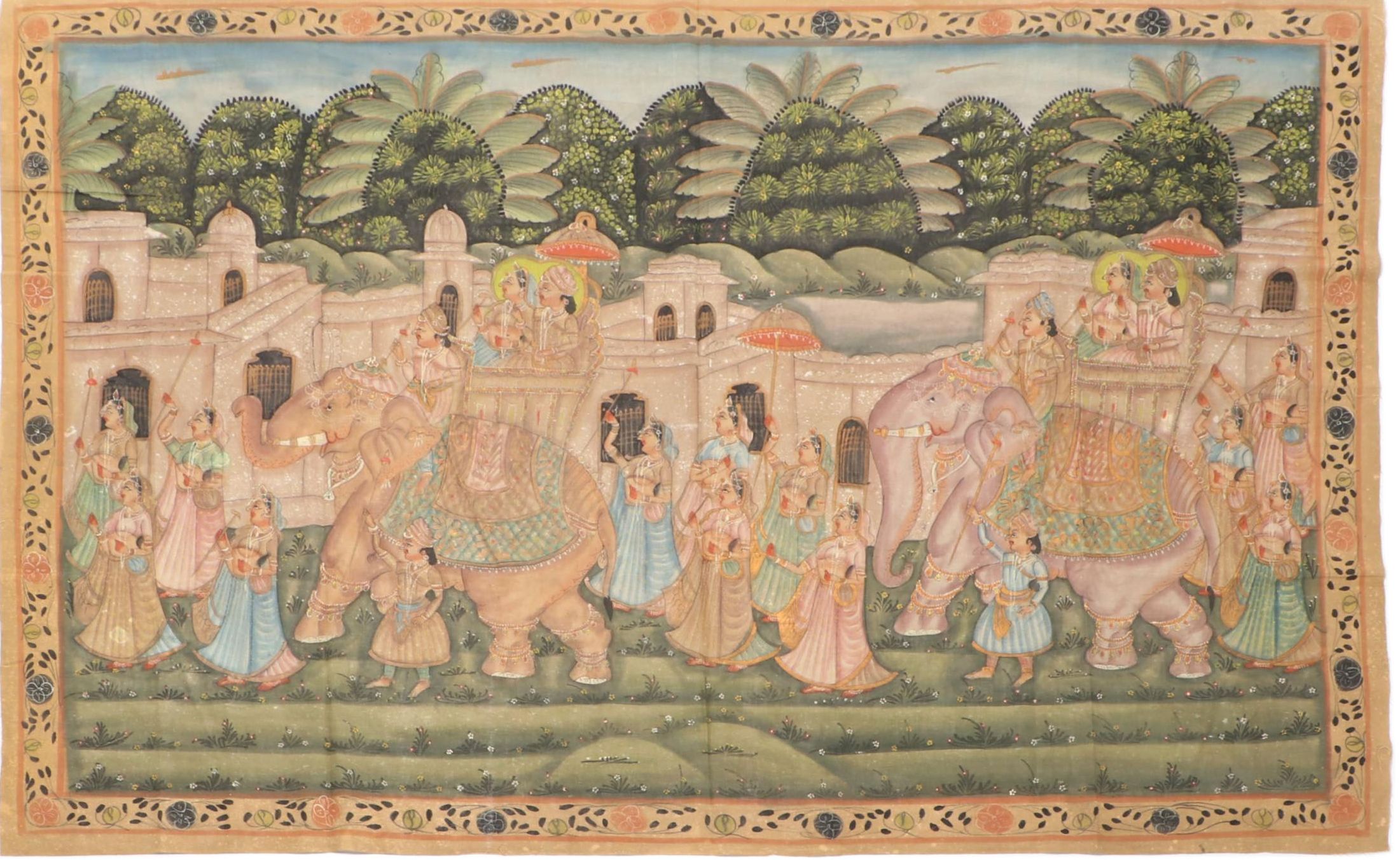 Indian Pichwai Gouache Painting of Elephant Procession, Mid-20th Century