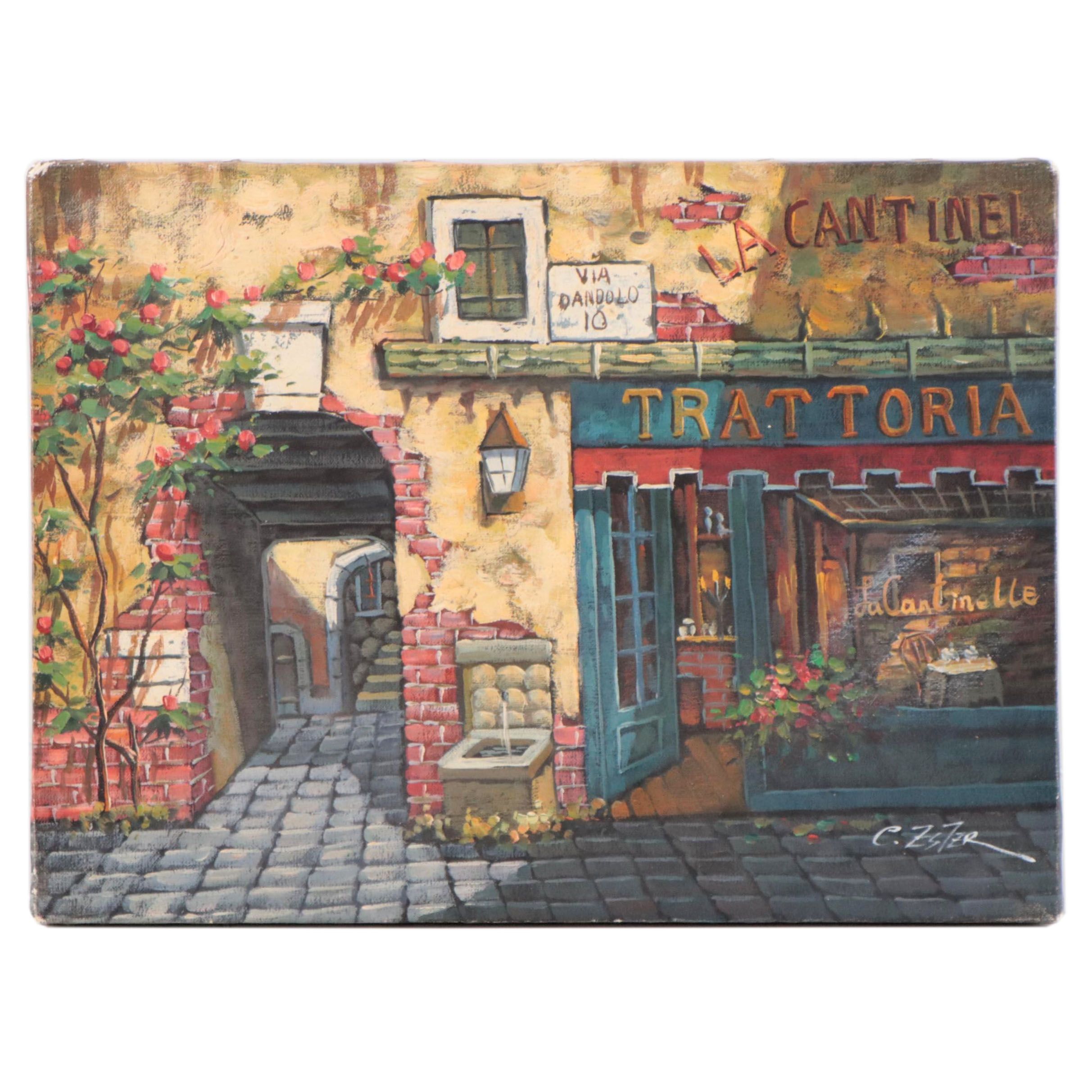 Roman Street Scene Oil Painting of a Trattoria in Trastevere, Late 20th Century