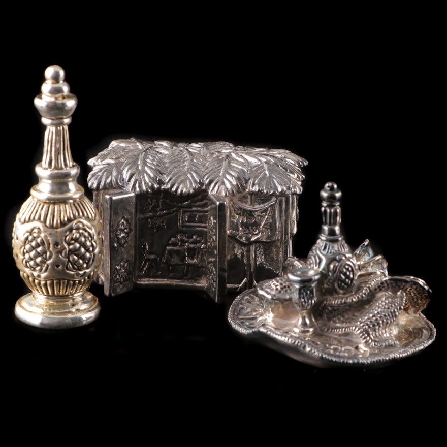 Electroform Sterling Silver Suhkkah, Seder Plate and Wine Bottle Figurines