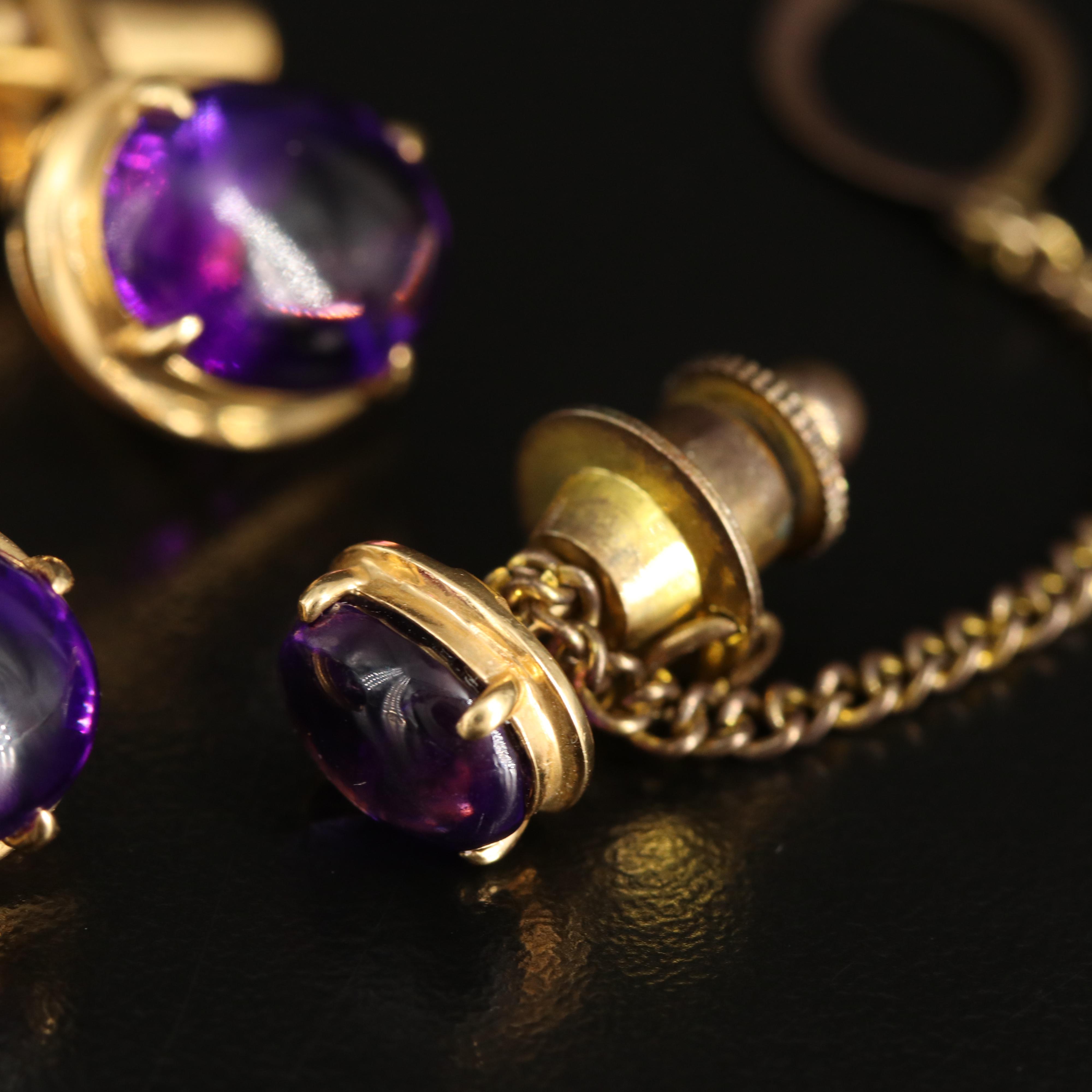 18K Amethyst Cufflinks and Tie Tack