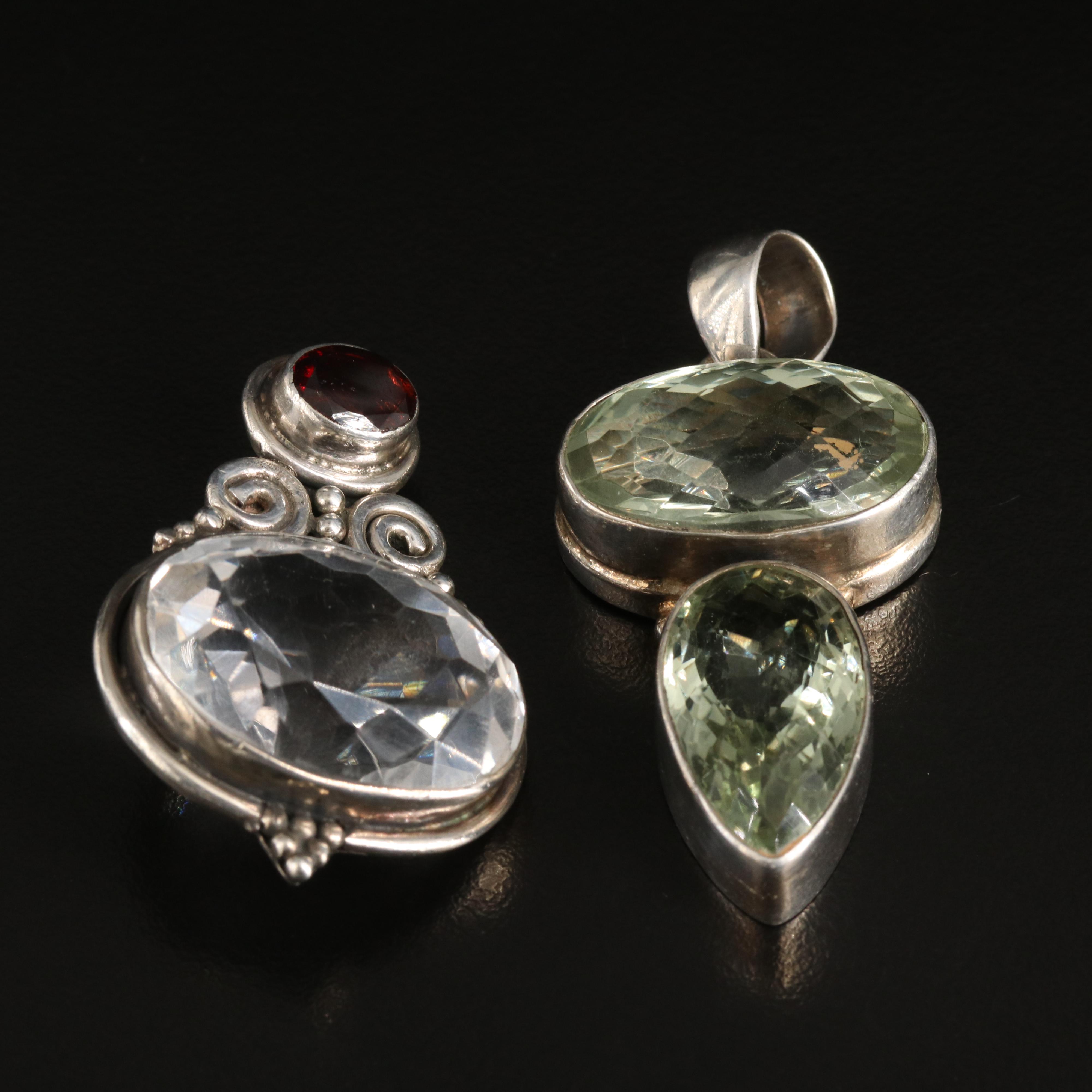 Sterling Rock Crystal Quartz, Garnet and Prasiolite Pendants