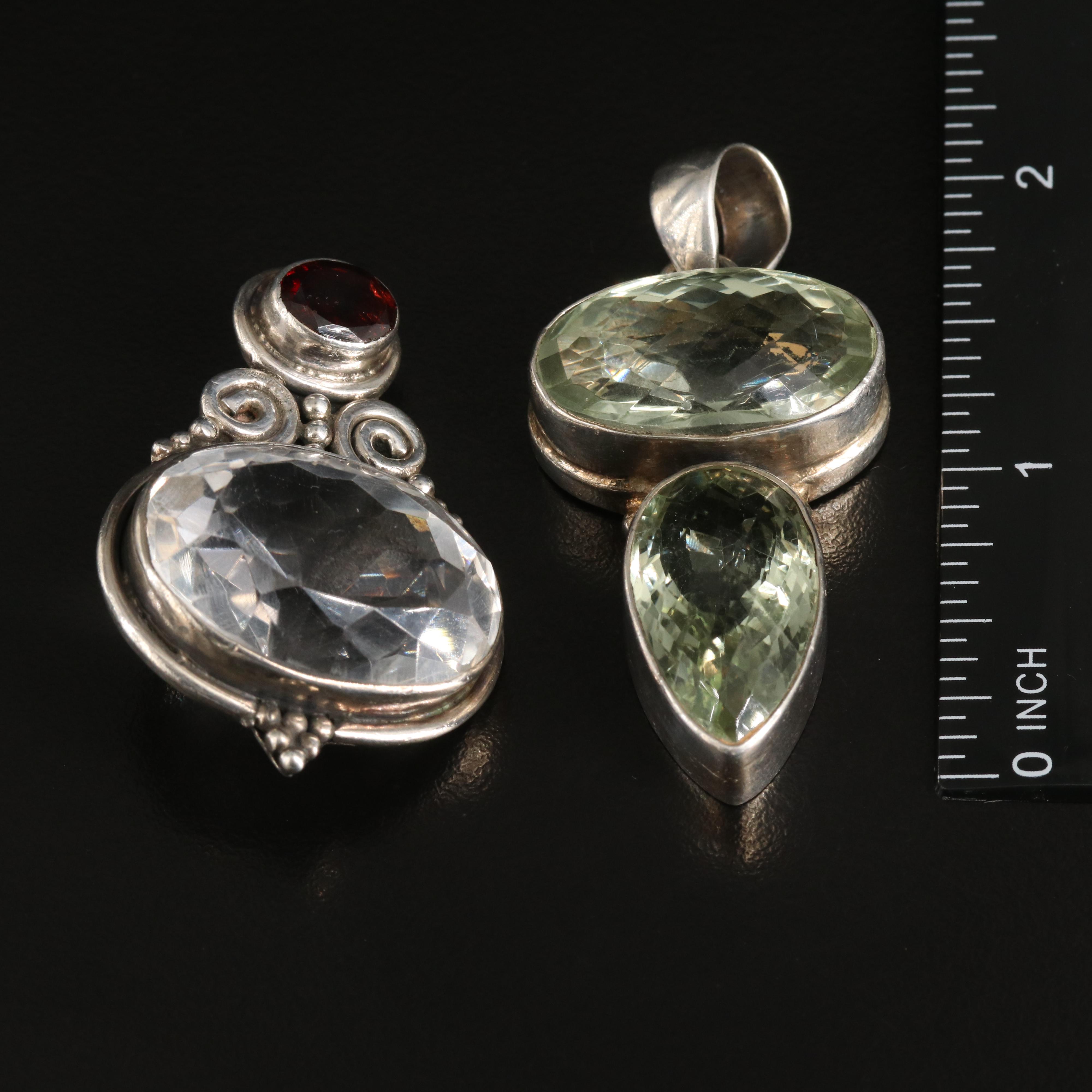 Sterling Rock Crystal Quartz, Garnet and Prasiolite Pendants