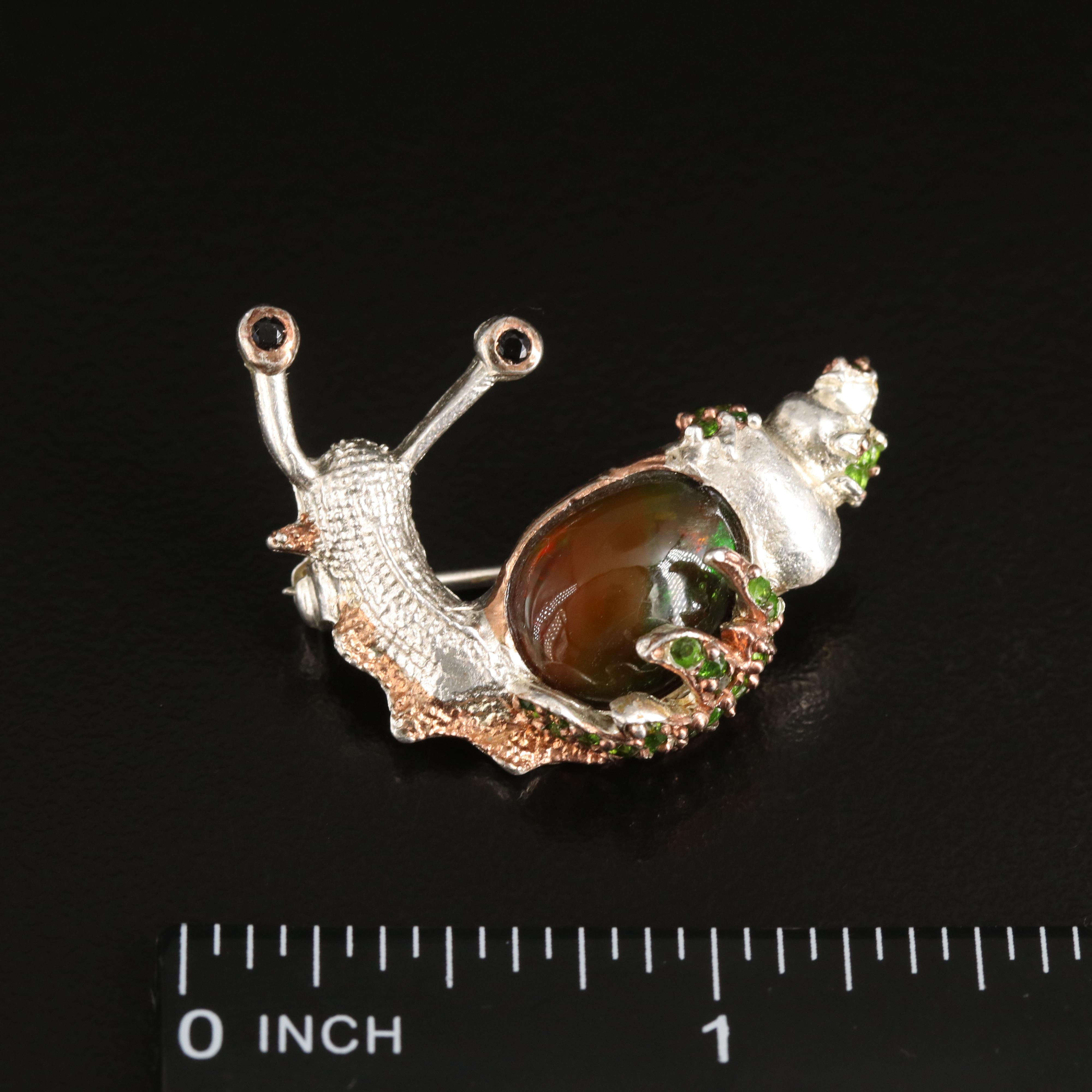 Sterling Fire, Opal, Diopside and Black Onyx Snail Brooch
