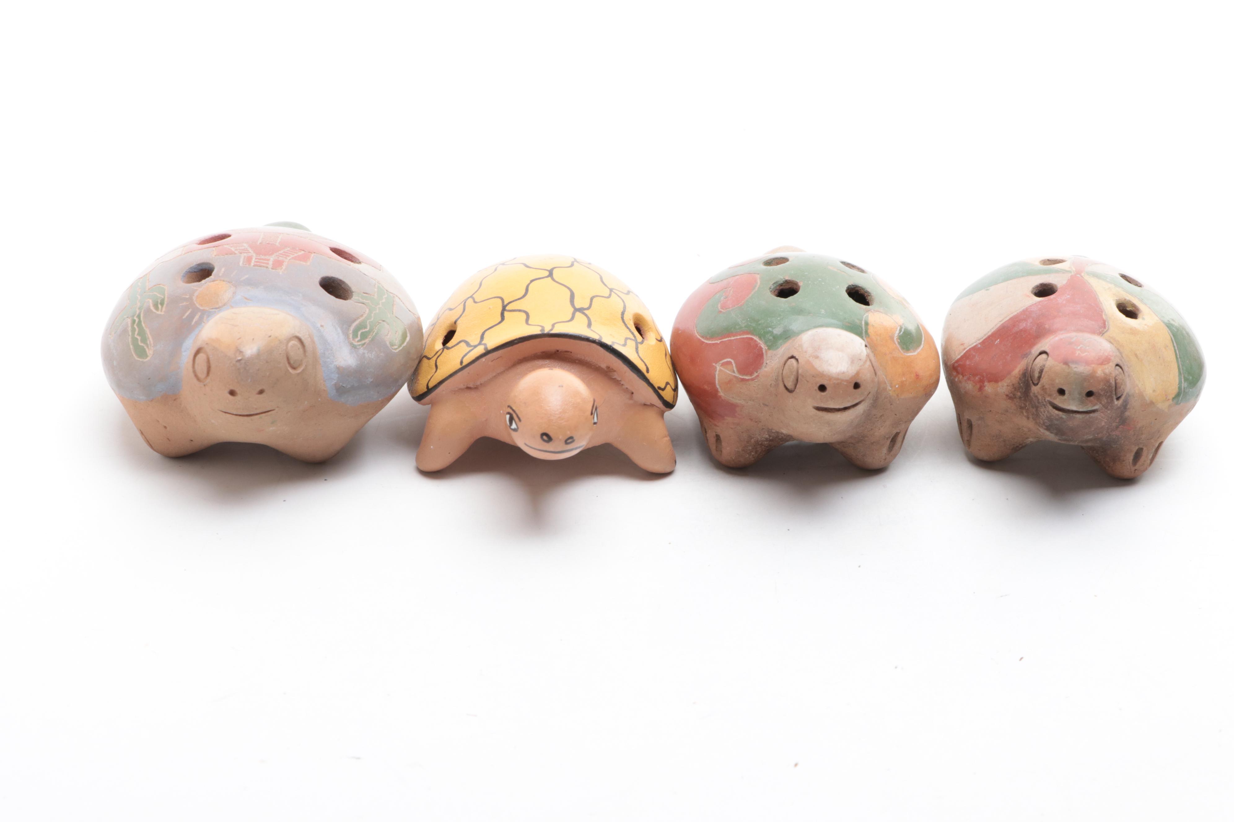 Mexican Tonala Figurine with Other Folk Art Pottery Turtle Flutes