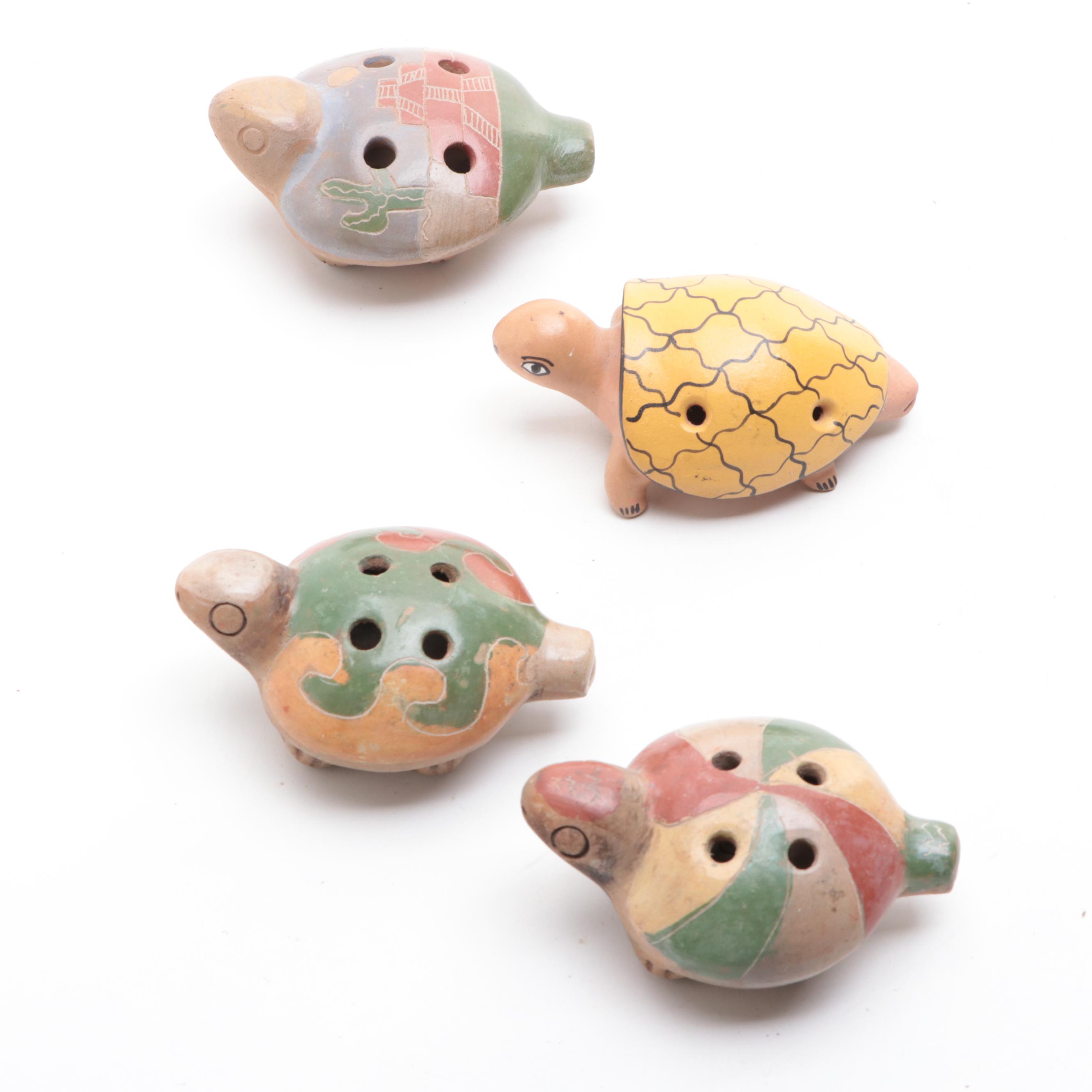 Mexican Tonala Figurine with Other Folk Art Pottery Turtle Flutes