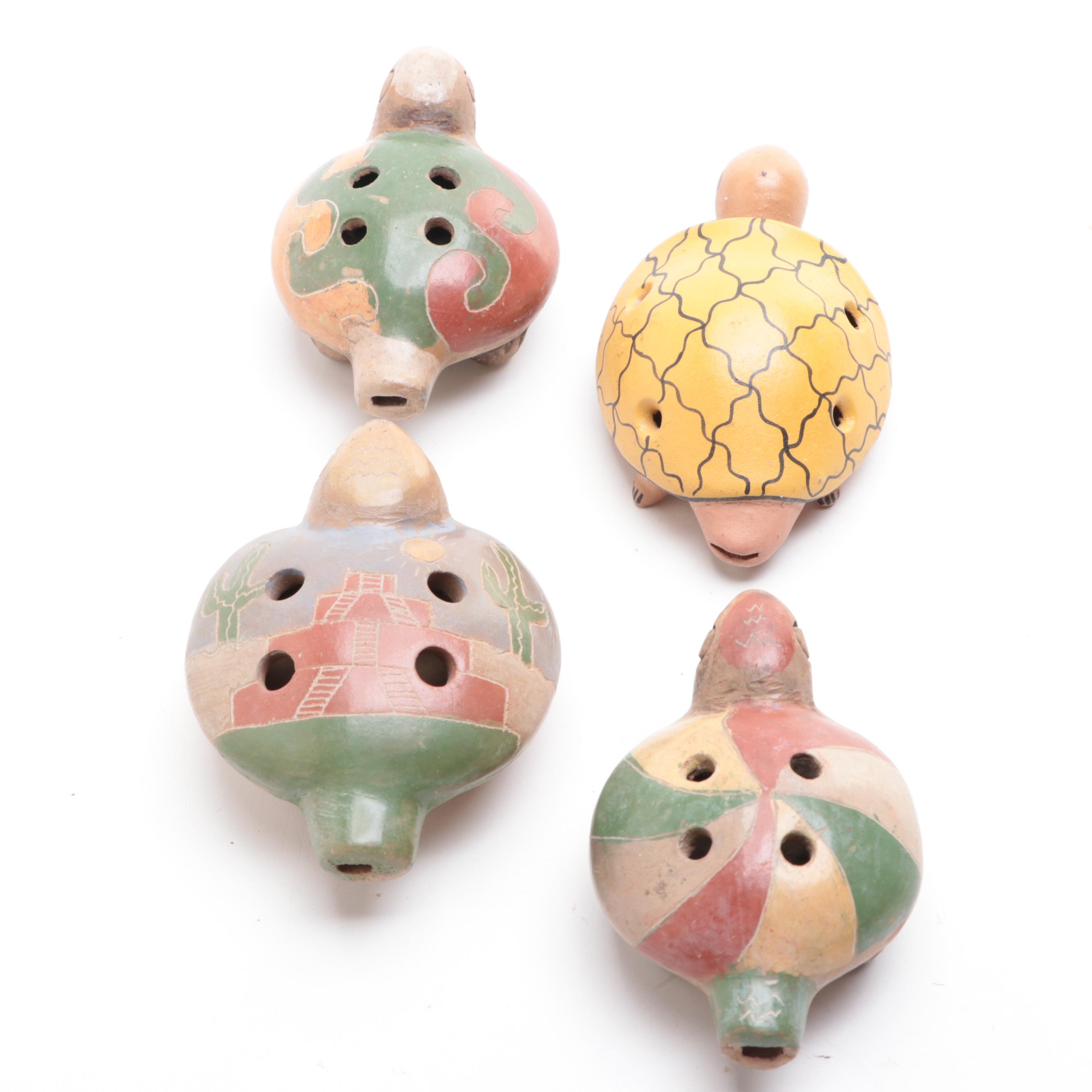 Mexican Tonala Figurine with Other Folk Art Pottery Turtle Flutes
