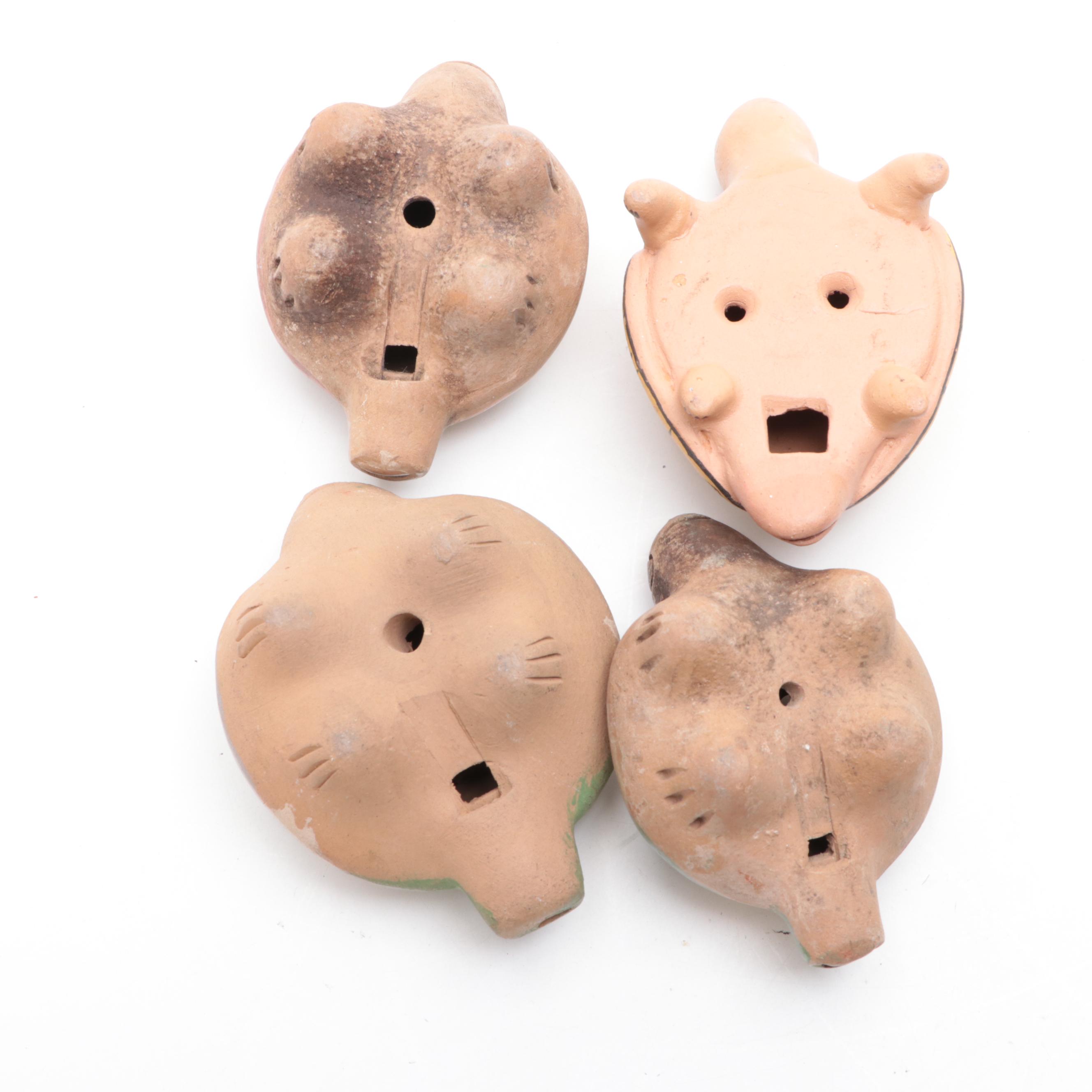 Mexican Tonala Figurine with Other Folk Art Pottery Turtle Flutes