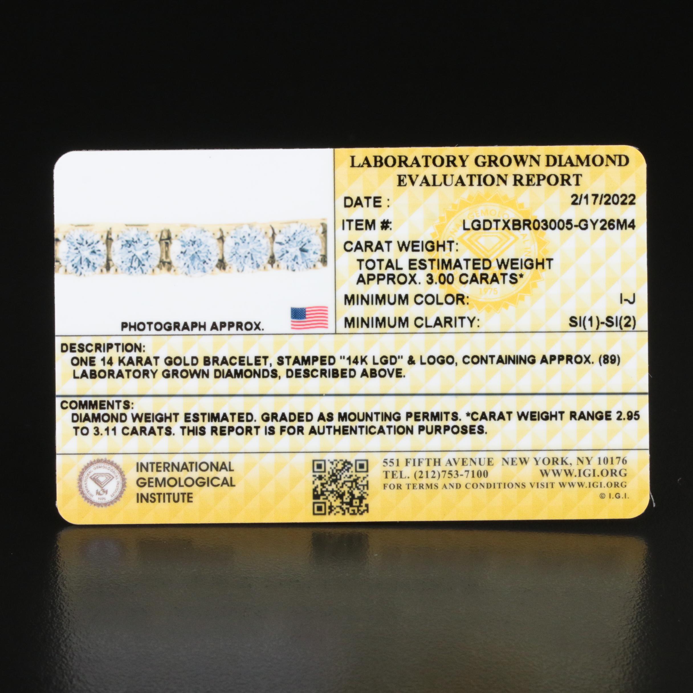 14K 3.00 CTW Lab Grown Diamond Bracelet with IGI Report