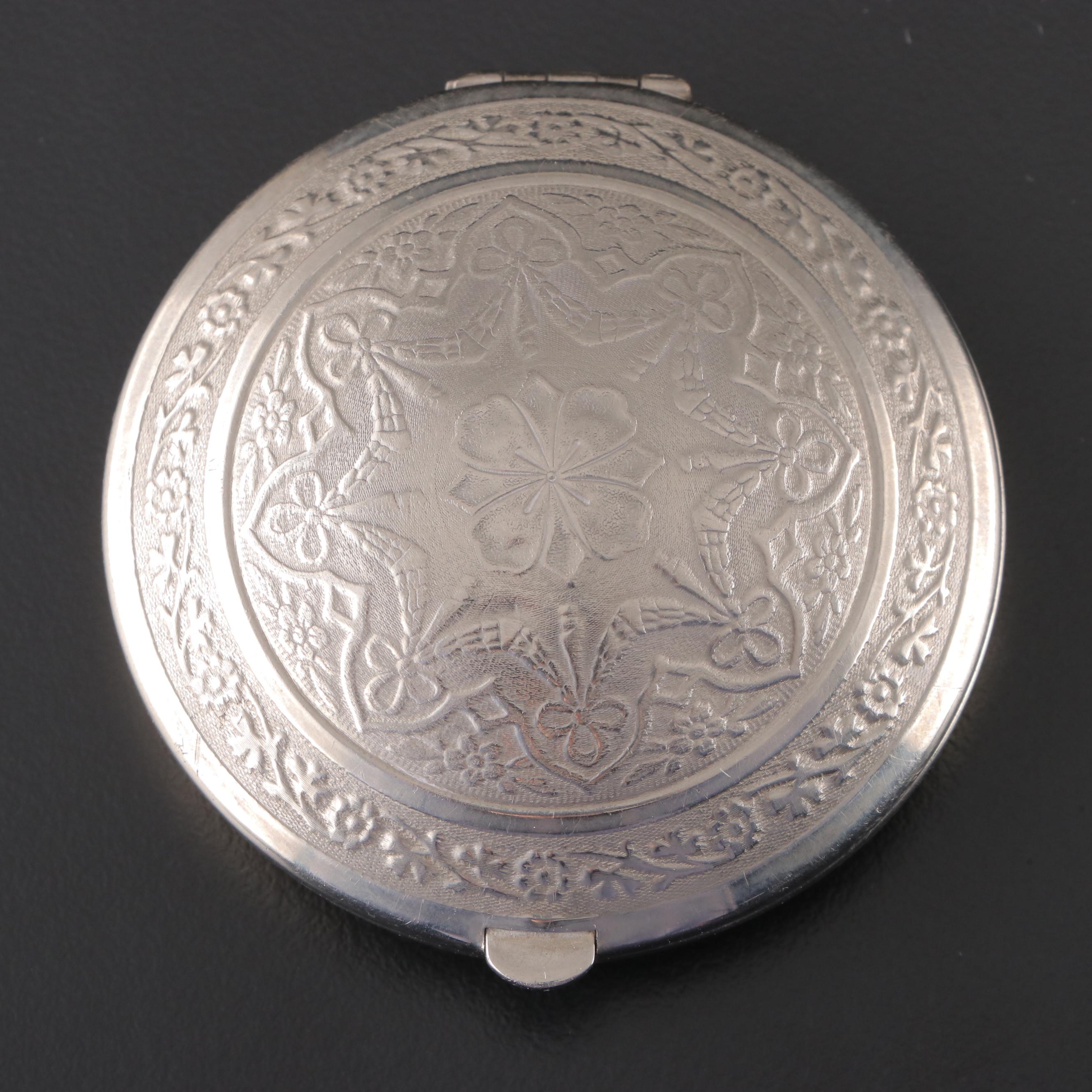 Richard Hudnut Three Flowers Silver Tone Metal Compact, Mid-20th Century
